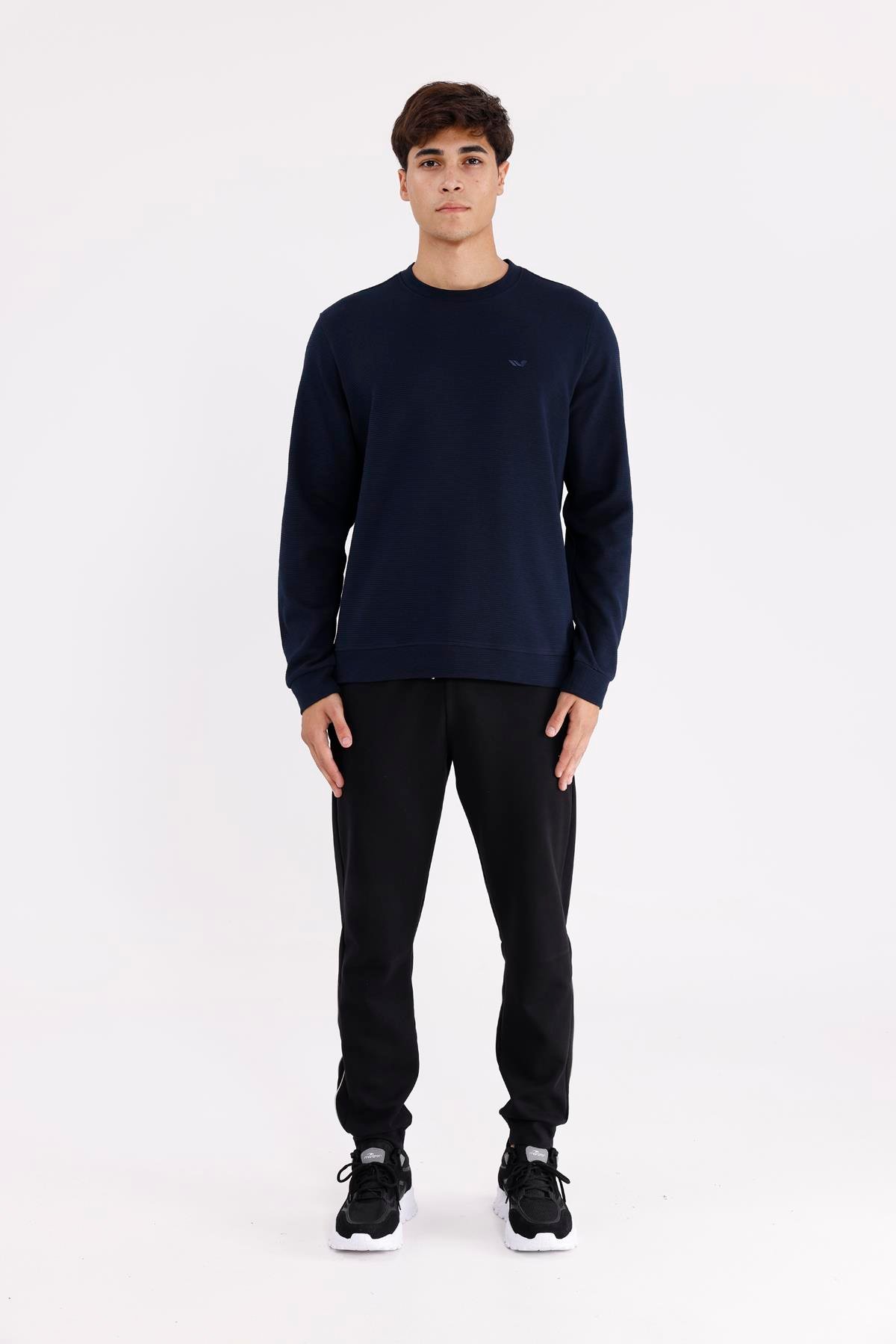 Yatay Dokulu Ottoman Yüzey Tonal Logo Detaylı Bisiklet Yaka Standart Kalıp Sweatshirt