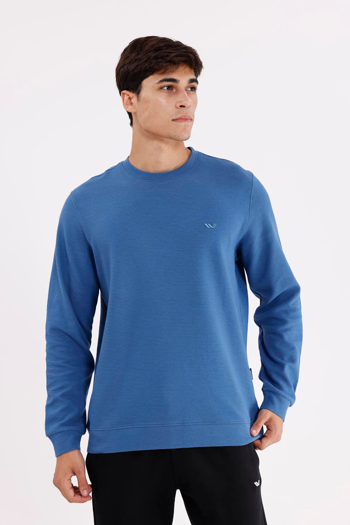 Yatay Dokulu Ottoman Yüzey Tonal Logo Detaylı Bisiklet Yaka Standart Kalıp Sweatshirt