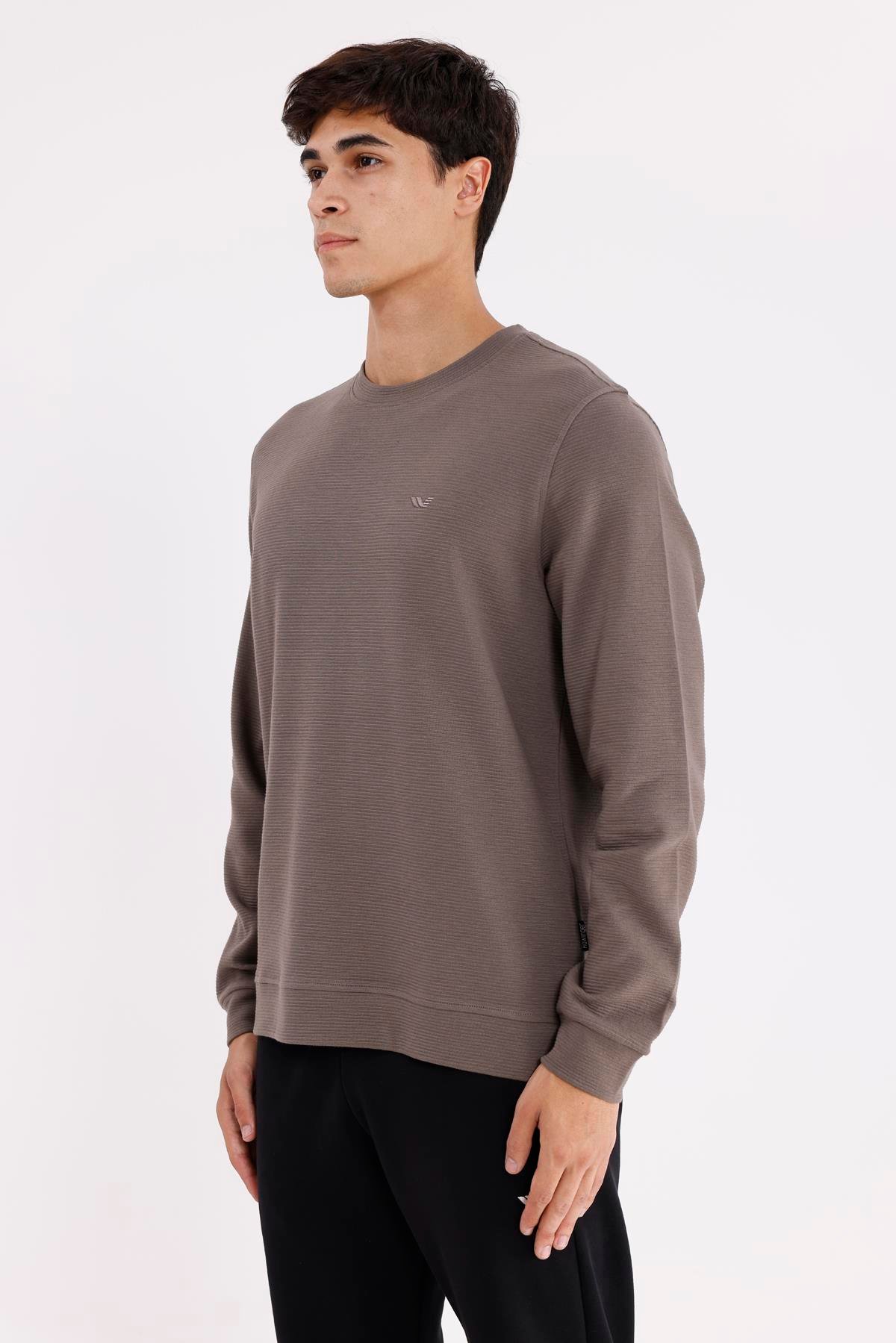 Yatay Dokulu Ottoman Yüzey Tonal Logo Detaylı Bisiklet Yaka Standart Kalıp Sweatshirt