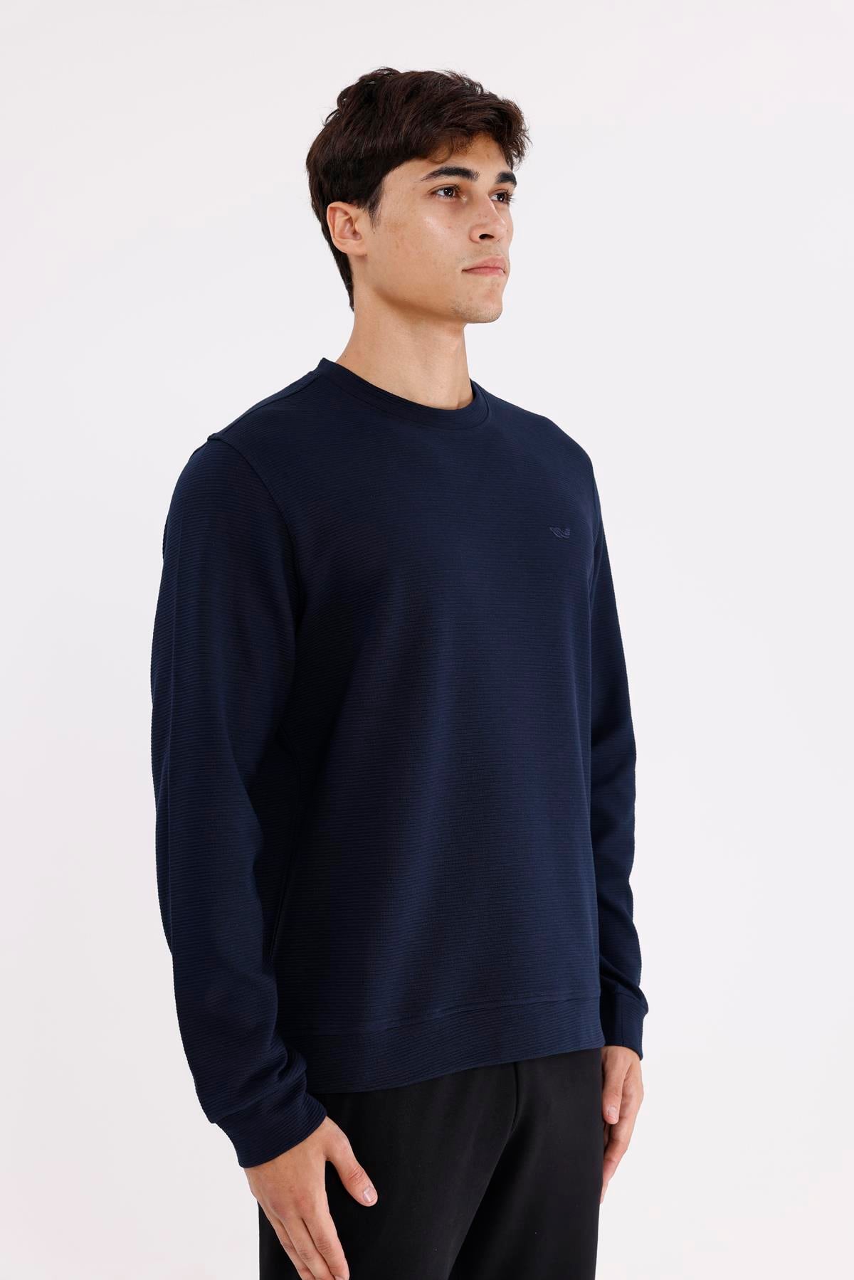 Yatay Dokulu Ottoman Yüzey Tonal Logo Detaylı Bisiklet Yaka Standart Kalıp Sweatshirt