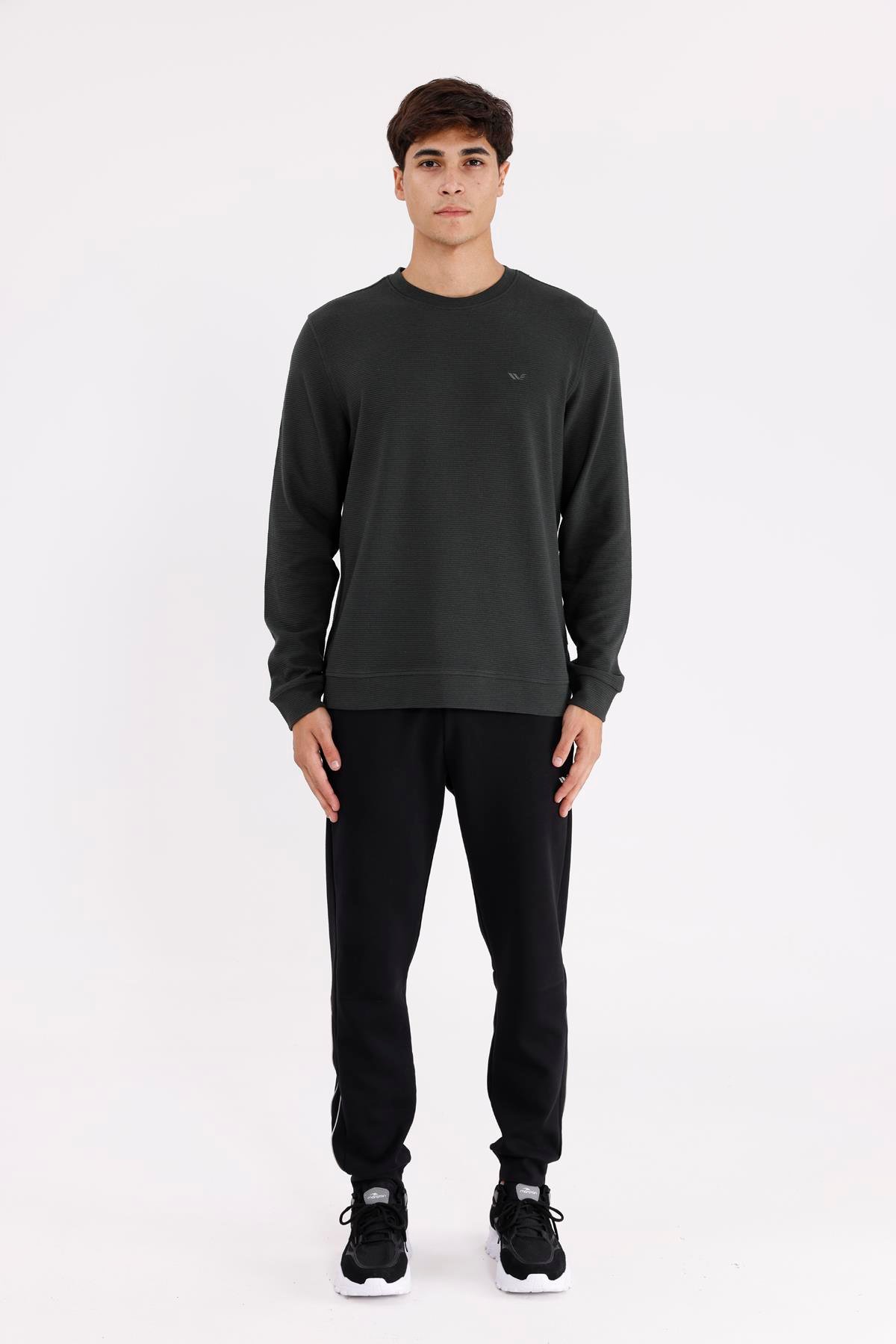 Yatay Dokulu Ottoman Yüzey Tonal Logo Detaylı Bisiklet Yaka Standart Kalıp Sweatshirt