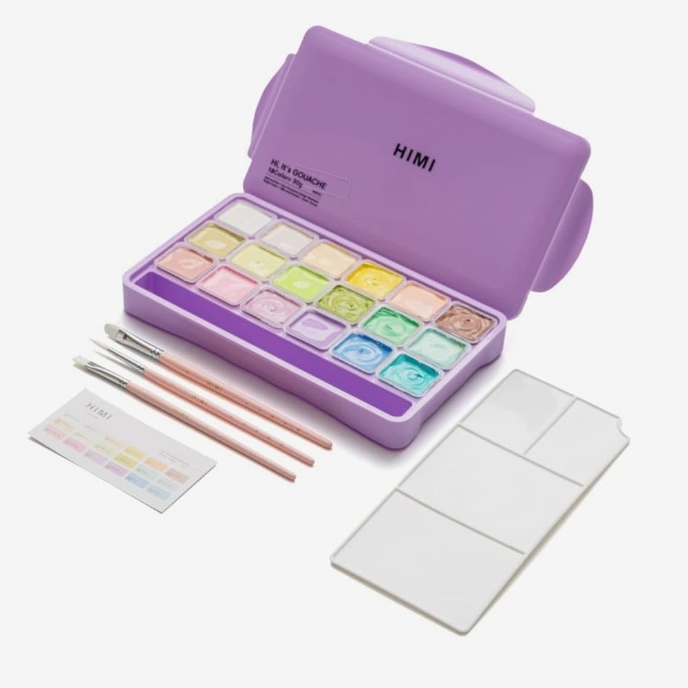 Himi Guaj Boya Seti Jelly Cup 18 Renk x 30 gr Purple Case (Pastel Colours) + 3 Fırça