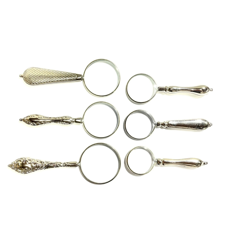 Vera Sanat Gümüş Renkli İşlemeli Saplı 6'Lı El Büyüteci Seti (32-40-45 mm)