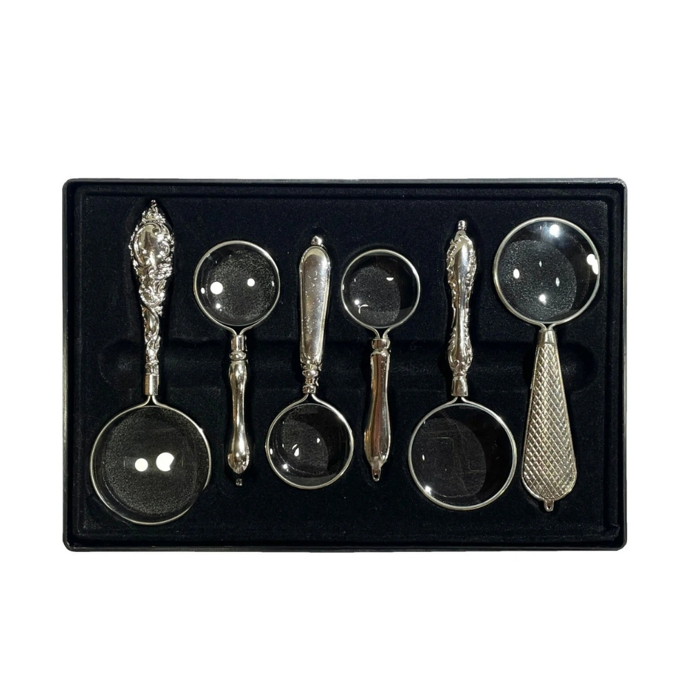 Vera Sanat Gümüş Renkli İşlemeli Saplı 6'Lı El Büyüteci Seti (32-40-45 mm)