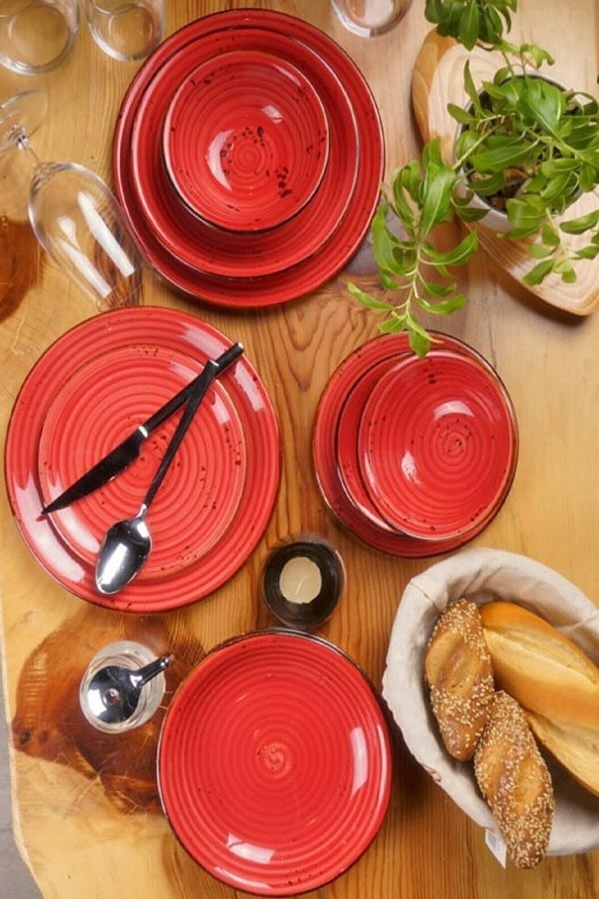 By Bone Porselen Ardent Porselen 24 Parça Kırmızı Desenli Yemek Takımı