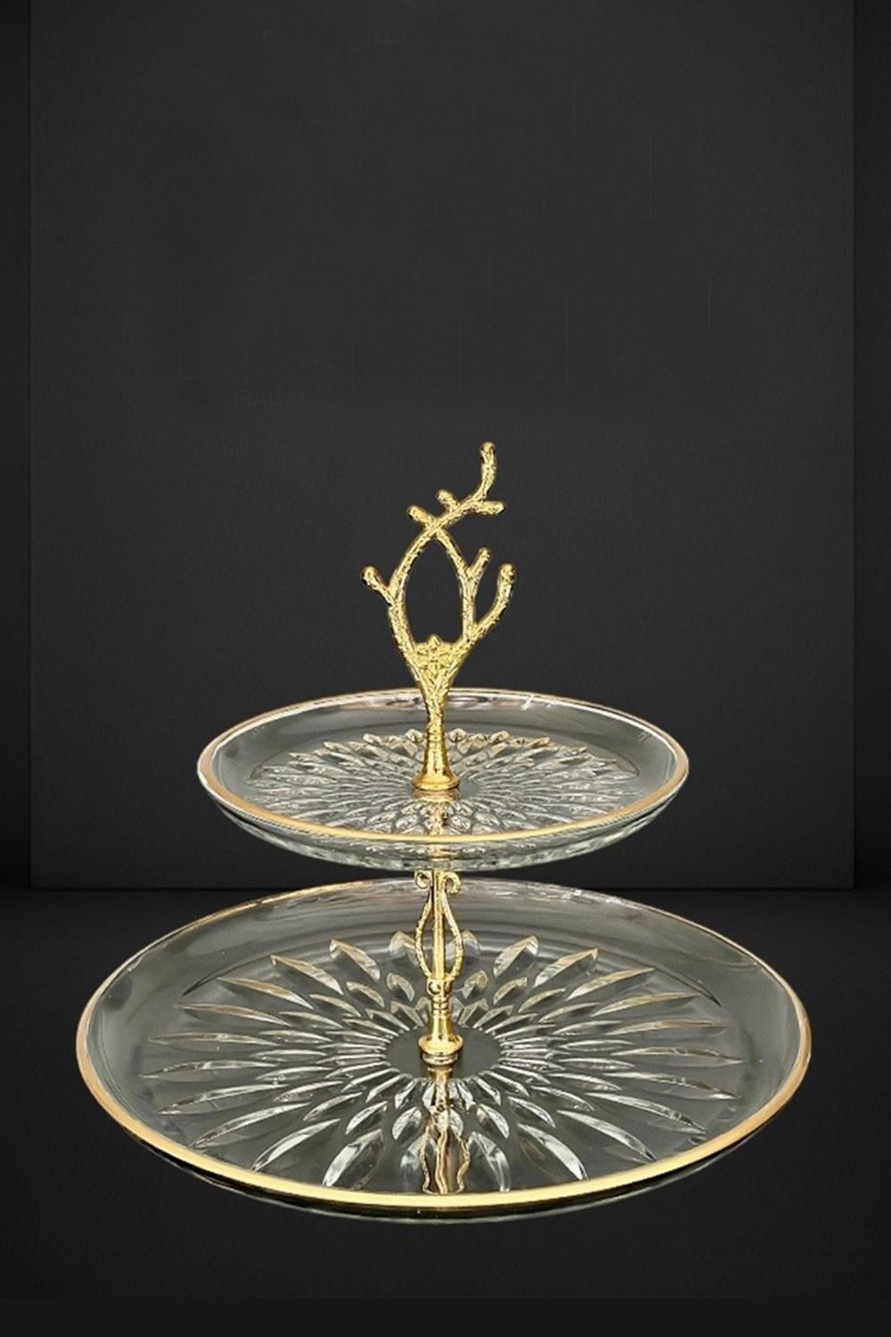 Efegil Cıragan Cam 2 Katlı Gold Detaylı Tutamaçlı Sunumluk 30x19x26 Cm