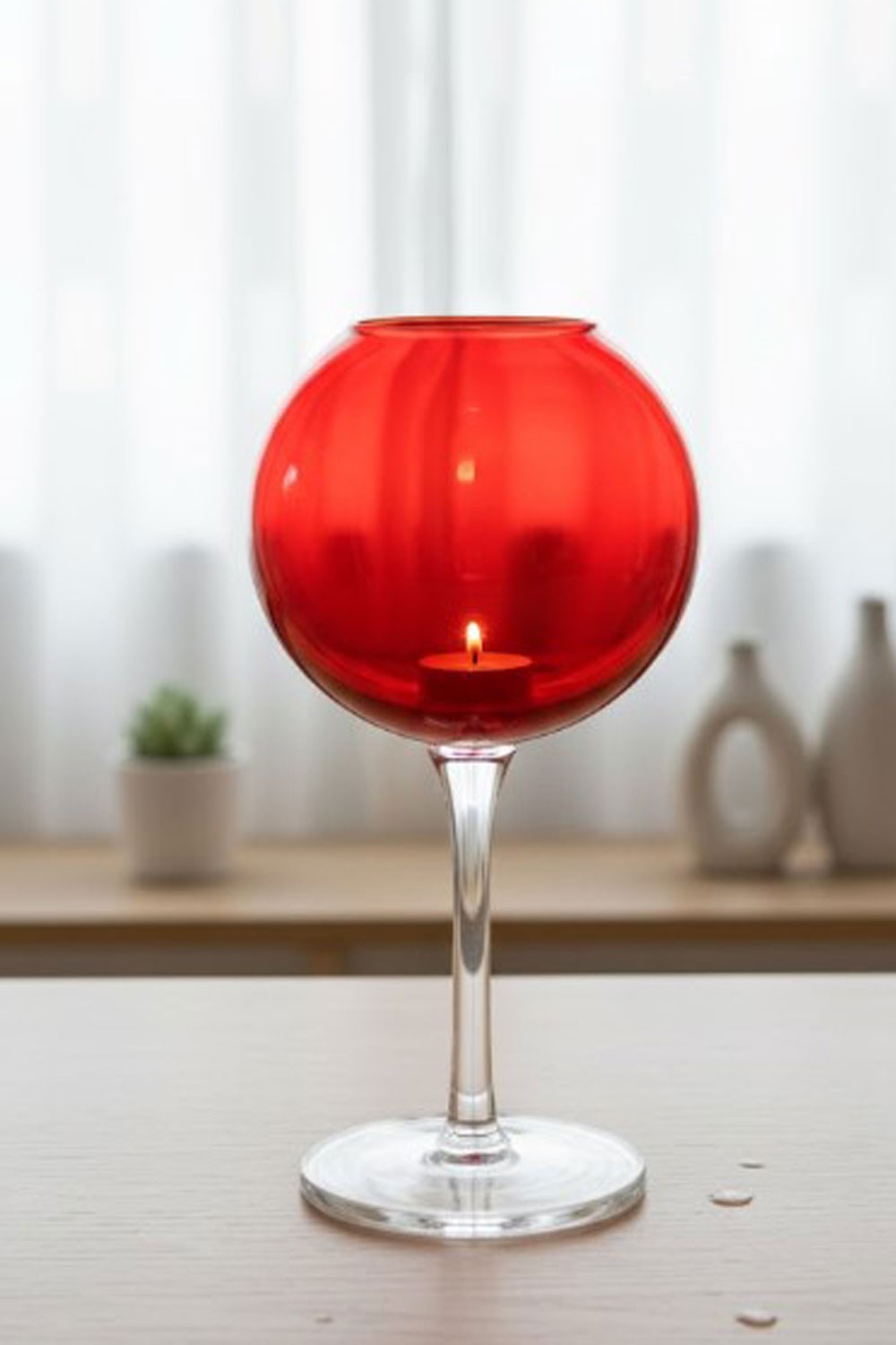Paşabahçe El İmalatı Kristal Kırmızı Dekorlu Ayaklı Kadeh Mumluk 1 Adet 21809