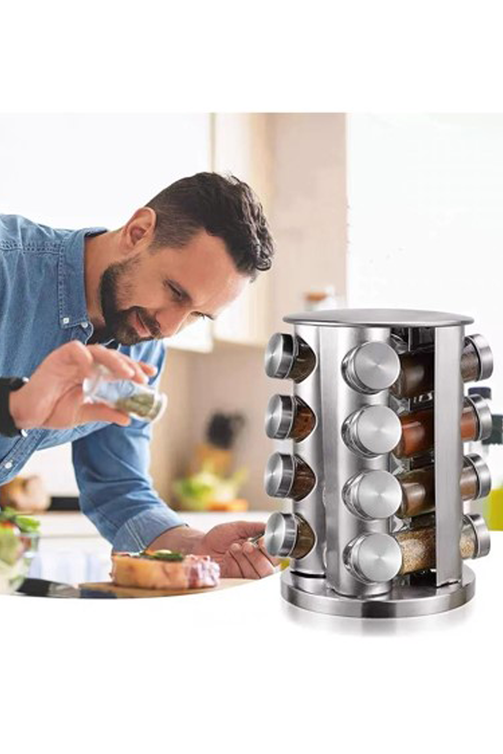 Spice Garousel16 lı Paslanmaz Çelik Metal Döner Stantlı Cam Baharatlık Seti