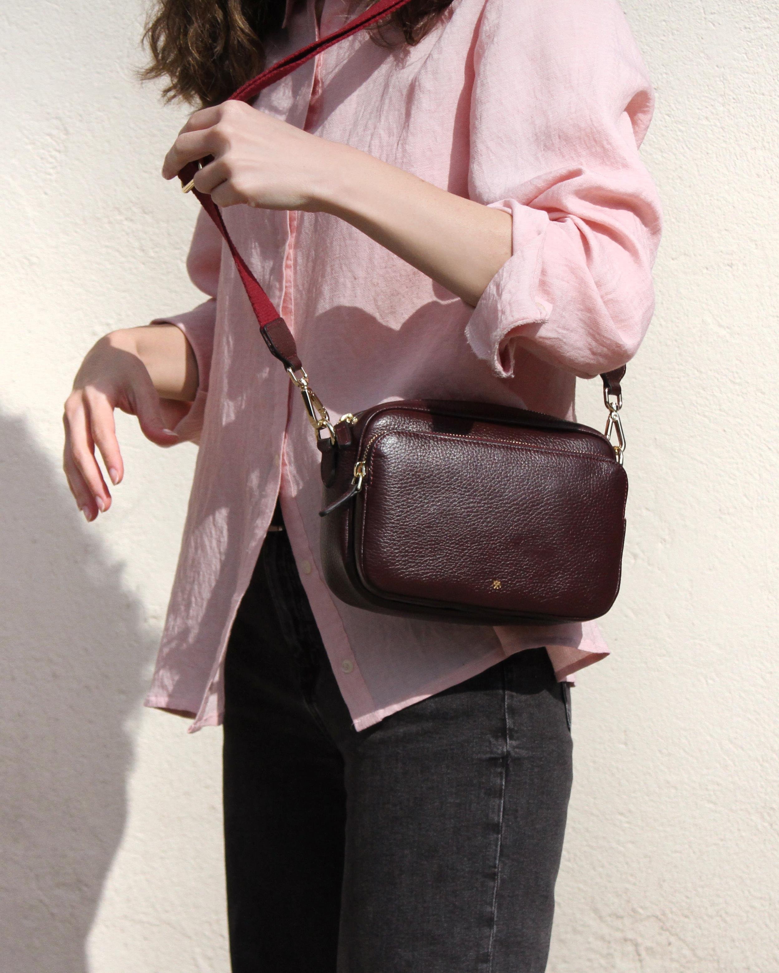 KANVAS ASKILI DERİ CROSSBODY ÇANTA BORDO