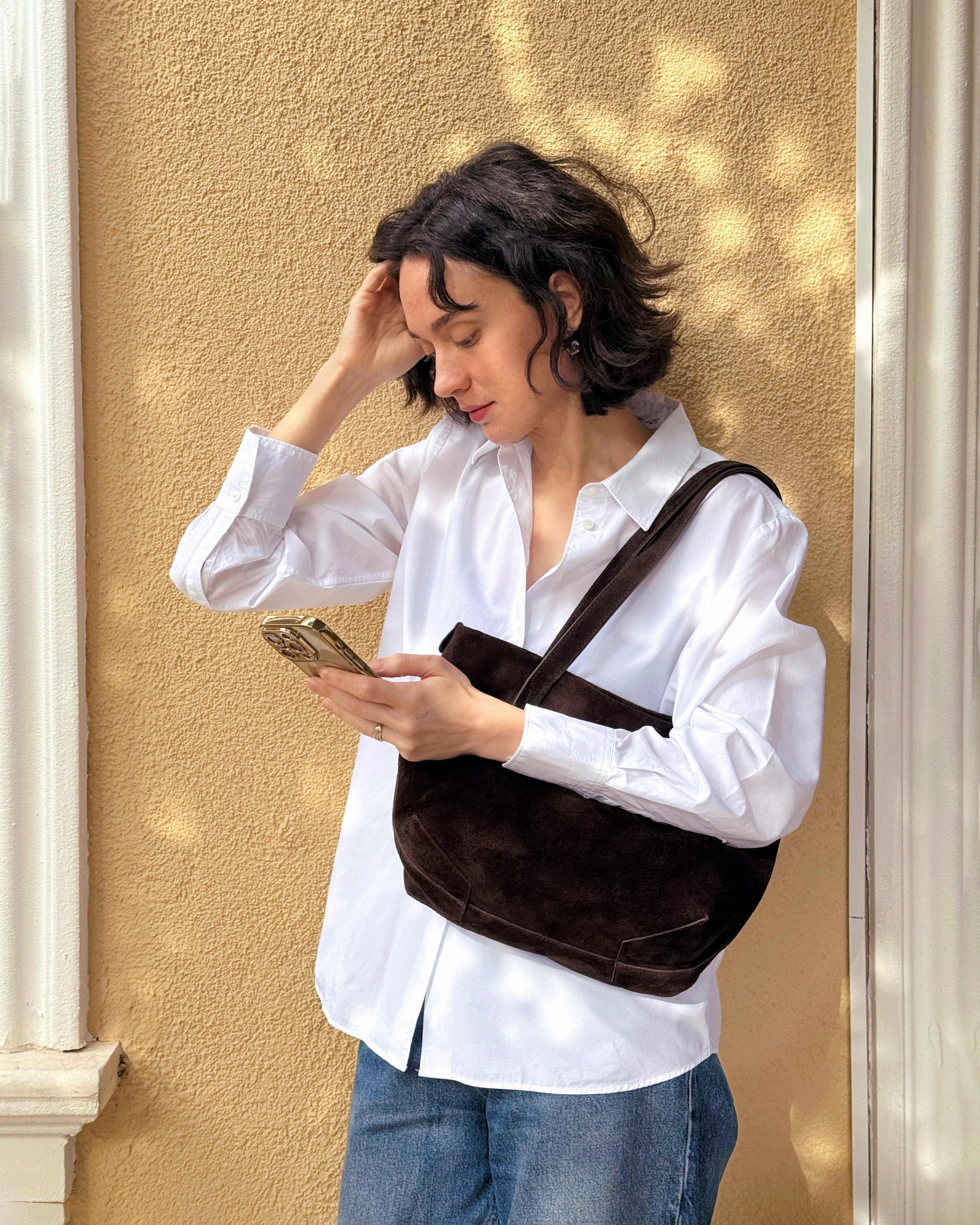 KOYU KAHVE SÜET DERİ TOTE ÇANTA SMALL