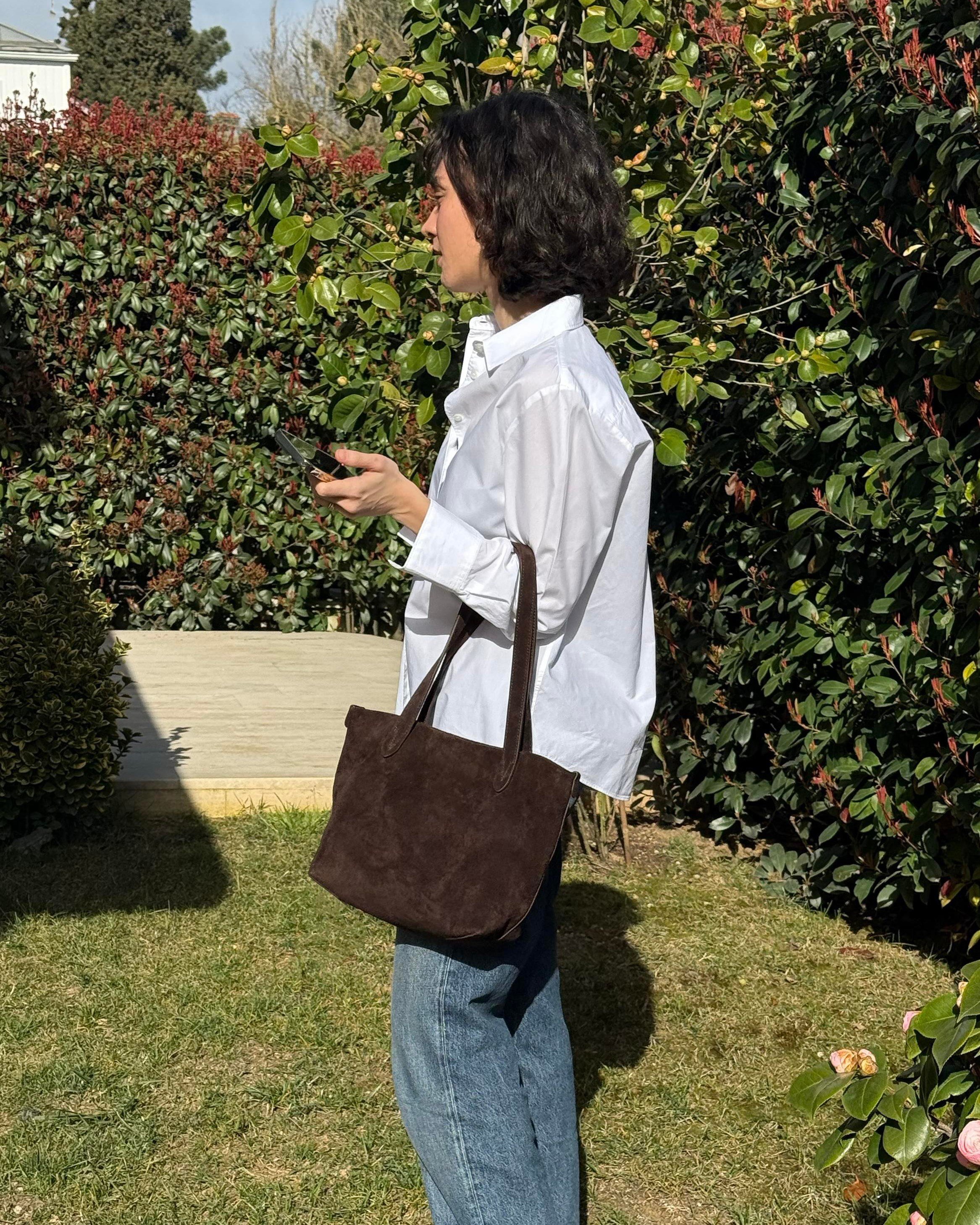 KOYU KAHVE SÜET DERİ TOTE ÇANTA SMALL