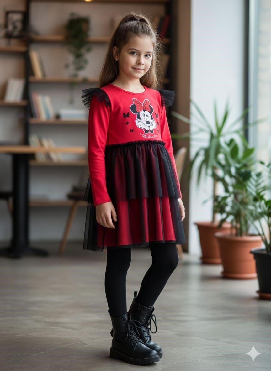 Kırmızı Tüllü Uzun Kollu Penye  Kız Çocuk Elbisesi