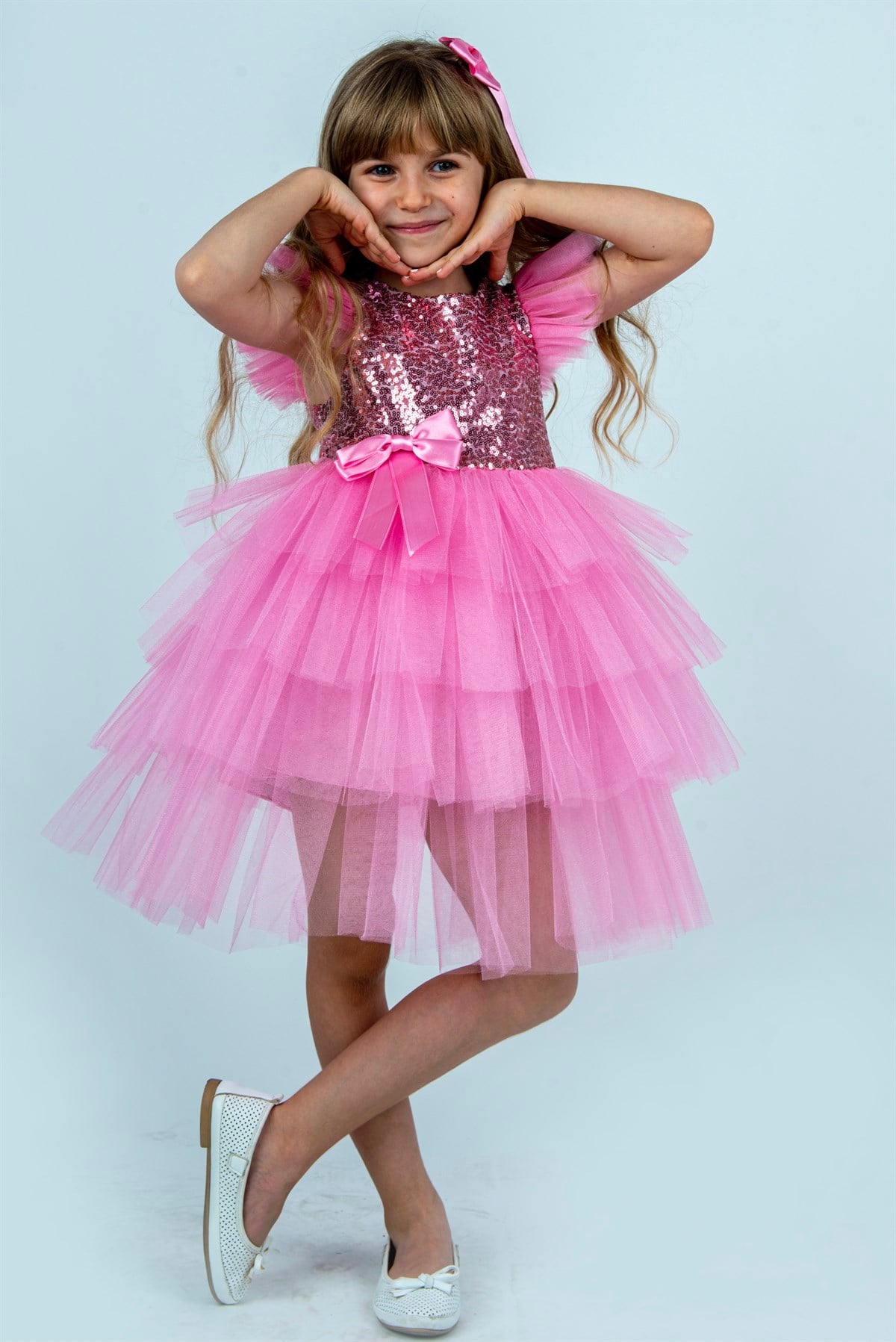 Pembe Pullu Kız Çocuk Parti Elbisesi