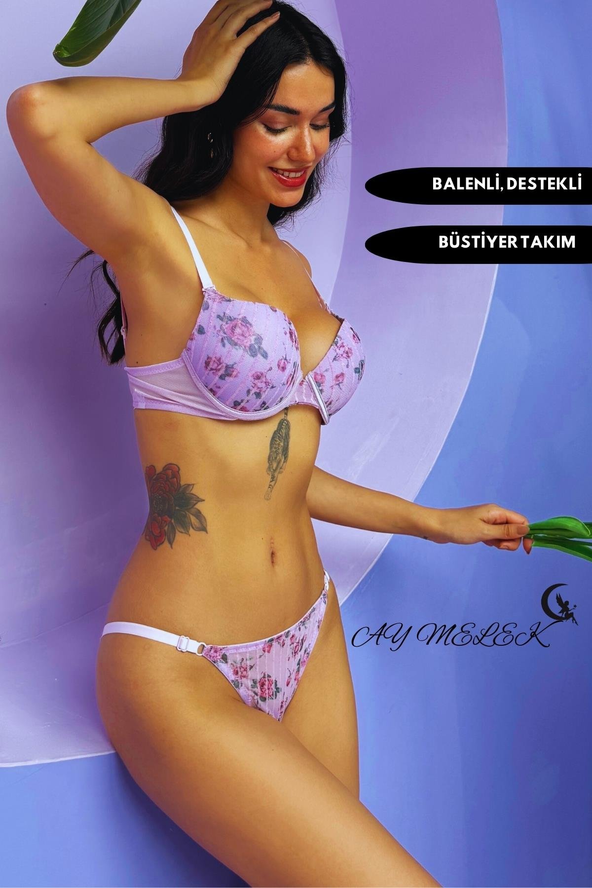  Destekli Simli Sütyen Takım B-Cap Balenli Çiçekli Tasarım