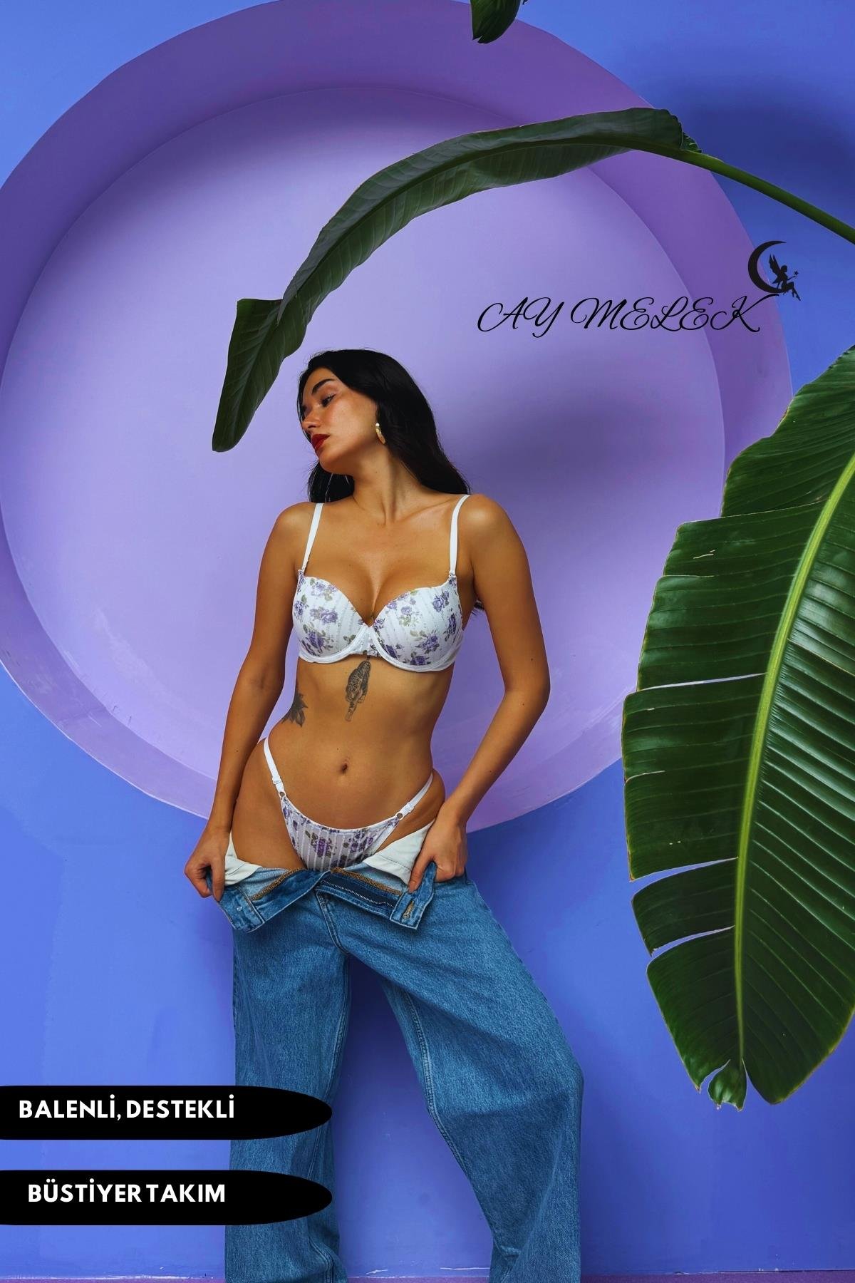  Destekli Simli Sütyen Takım B-Cap Balenli Çiçekli Tasarım