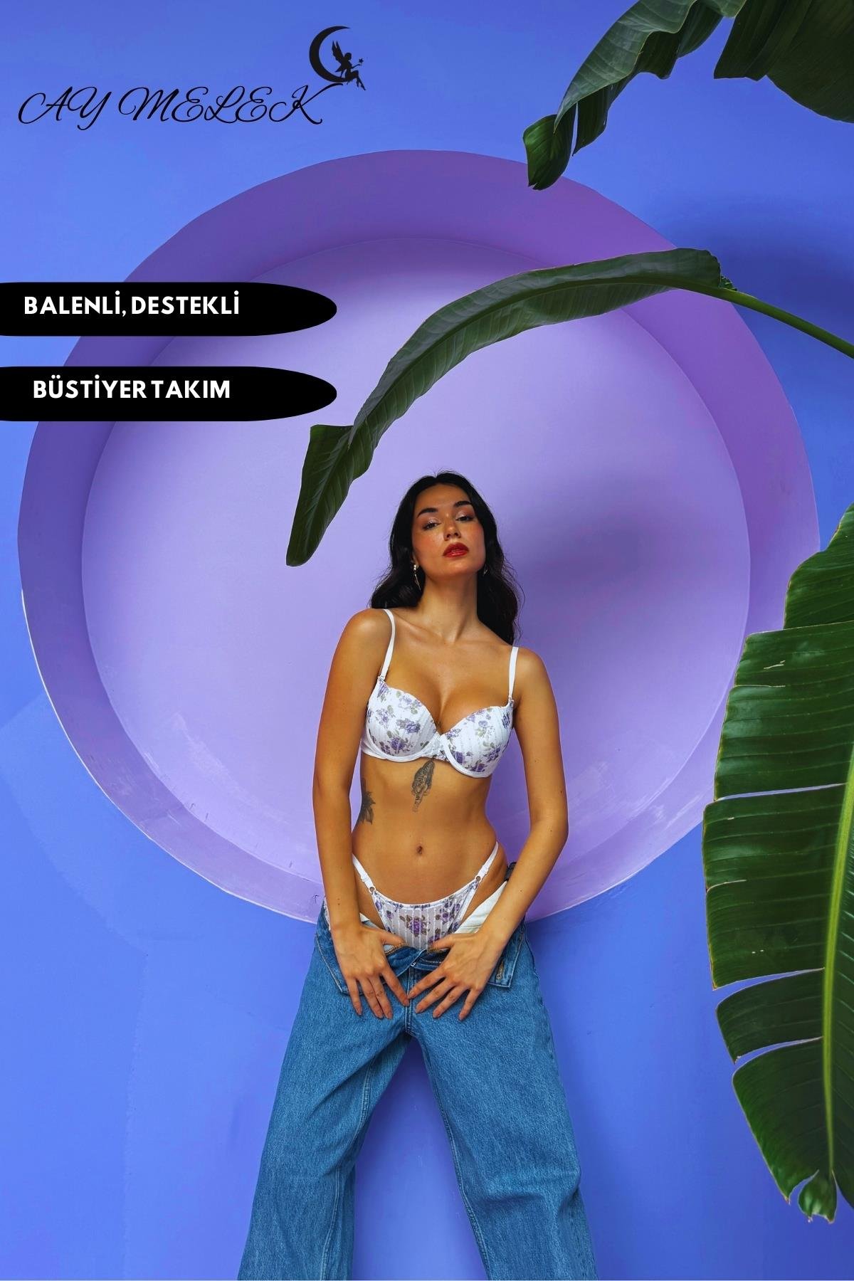  Destekli Simli Sütyen Takım B-Cap Balenli Çiçekli Tasarım