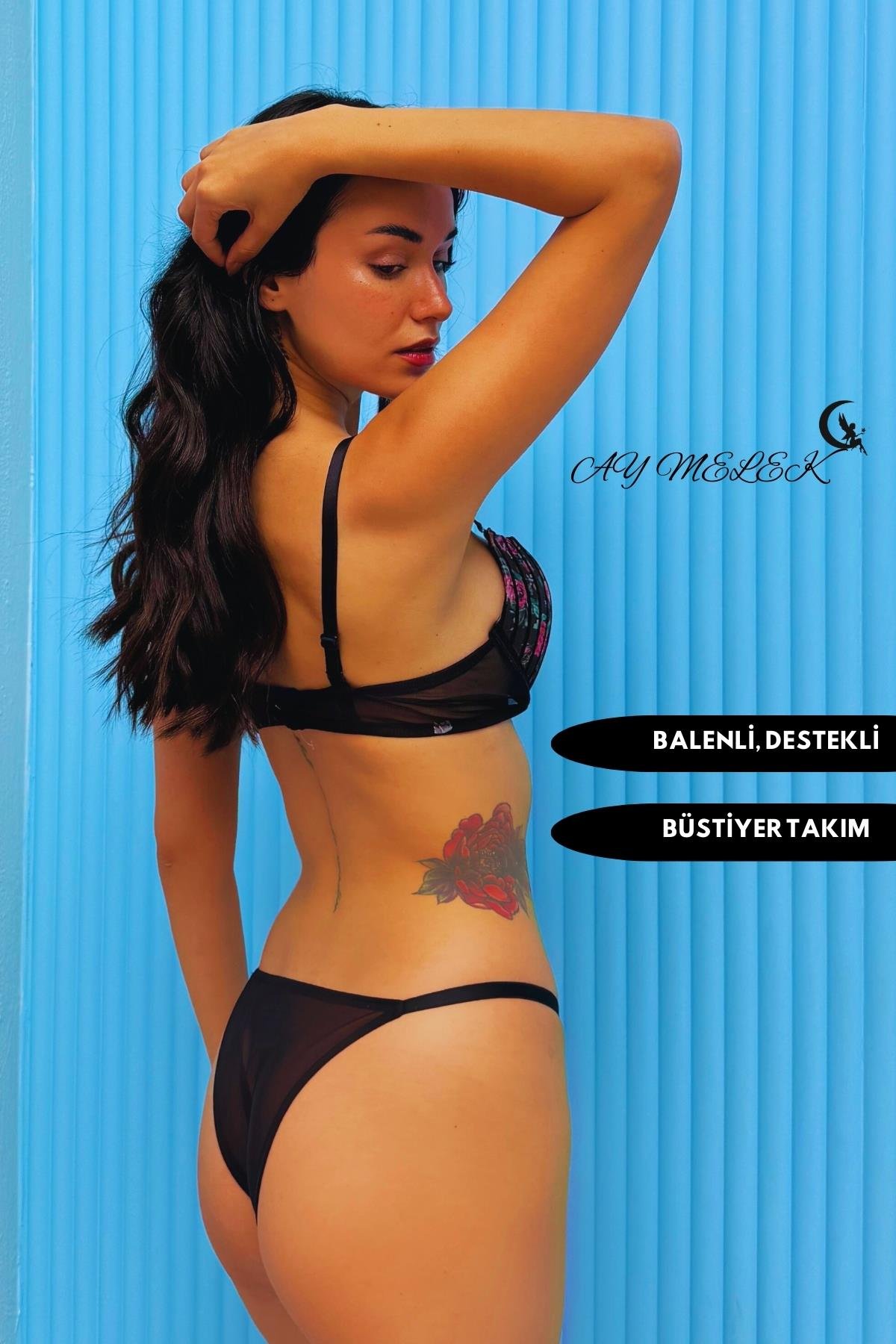  Destekli Simli Sütyen Takım B-Cap Balenli Çiçekli Tasarım