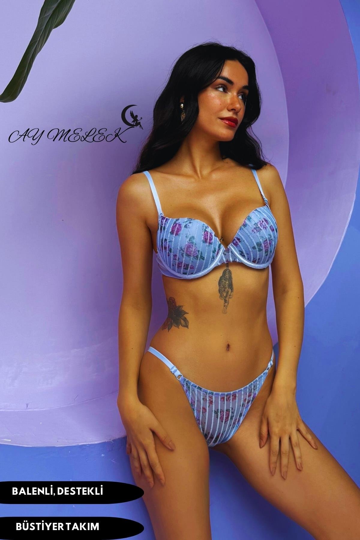  Destekli Simli Sütyen Takım B-Cap Balenli Çiçekli Tasarım