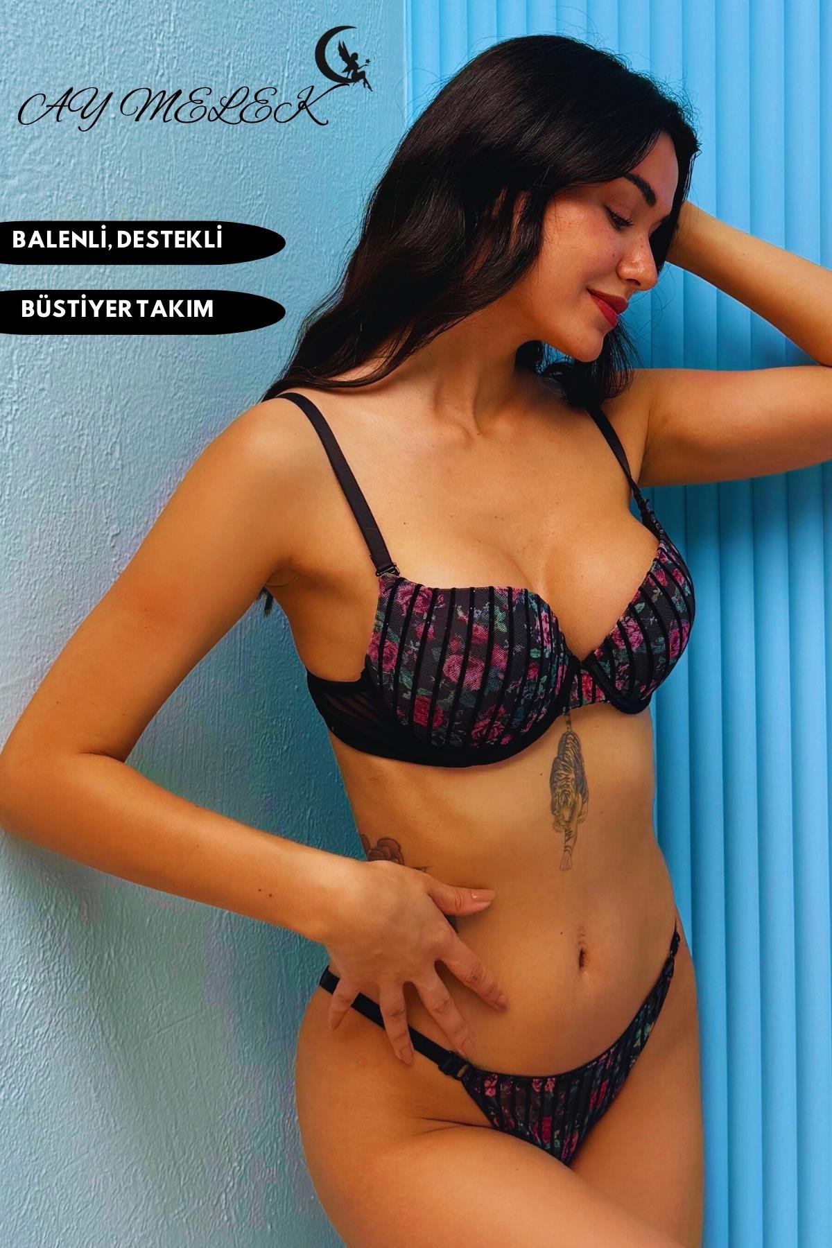  Destekli Simli Sütyen Takım B-Cap Balenli Çiçekli Tasarım