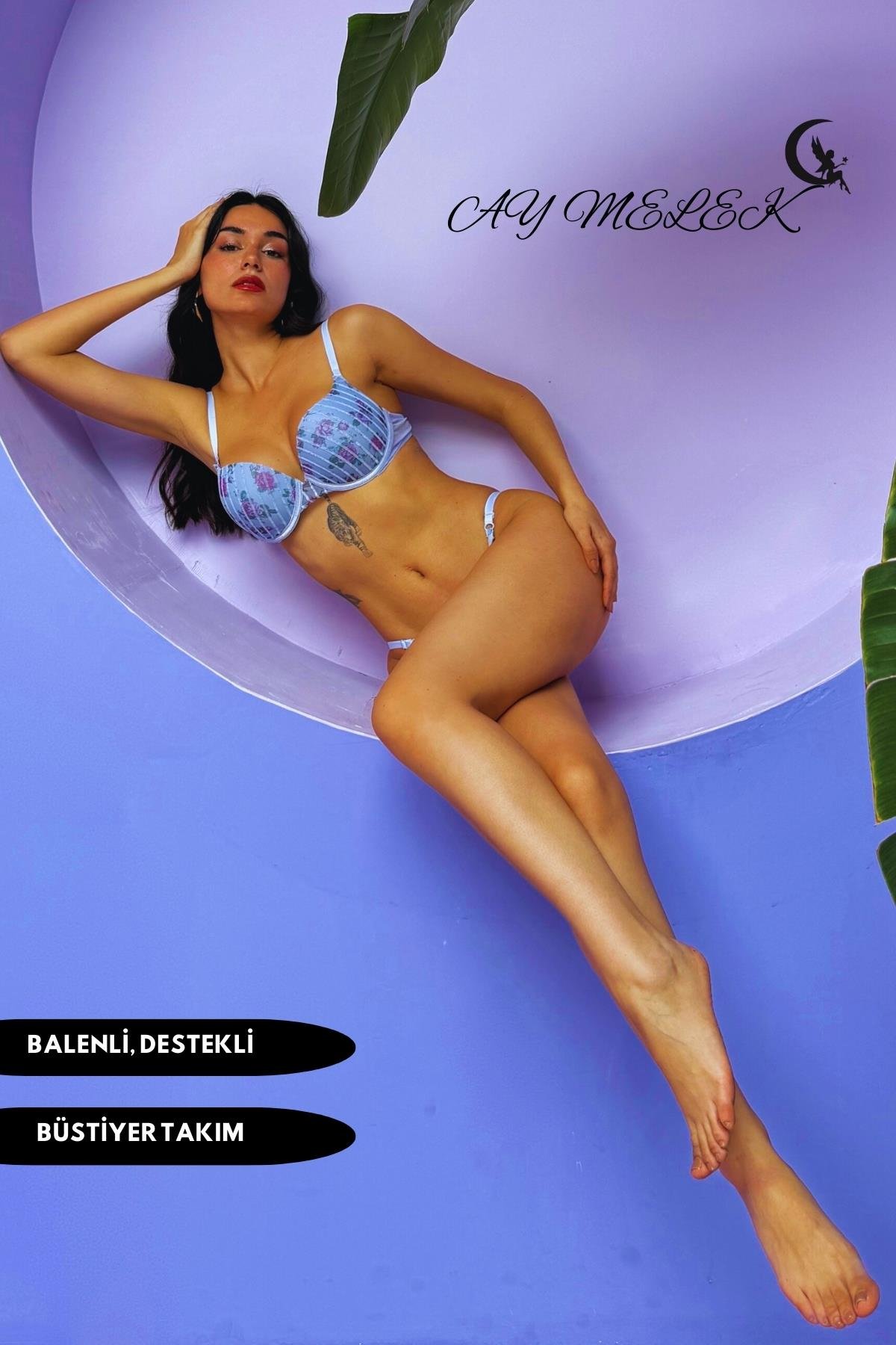  Destekli Simli Sütyen Takım B-Cap Balenli Çiçekli Tasarım