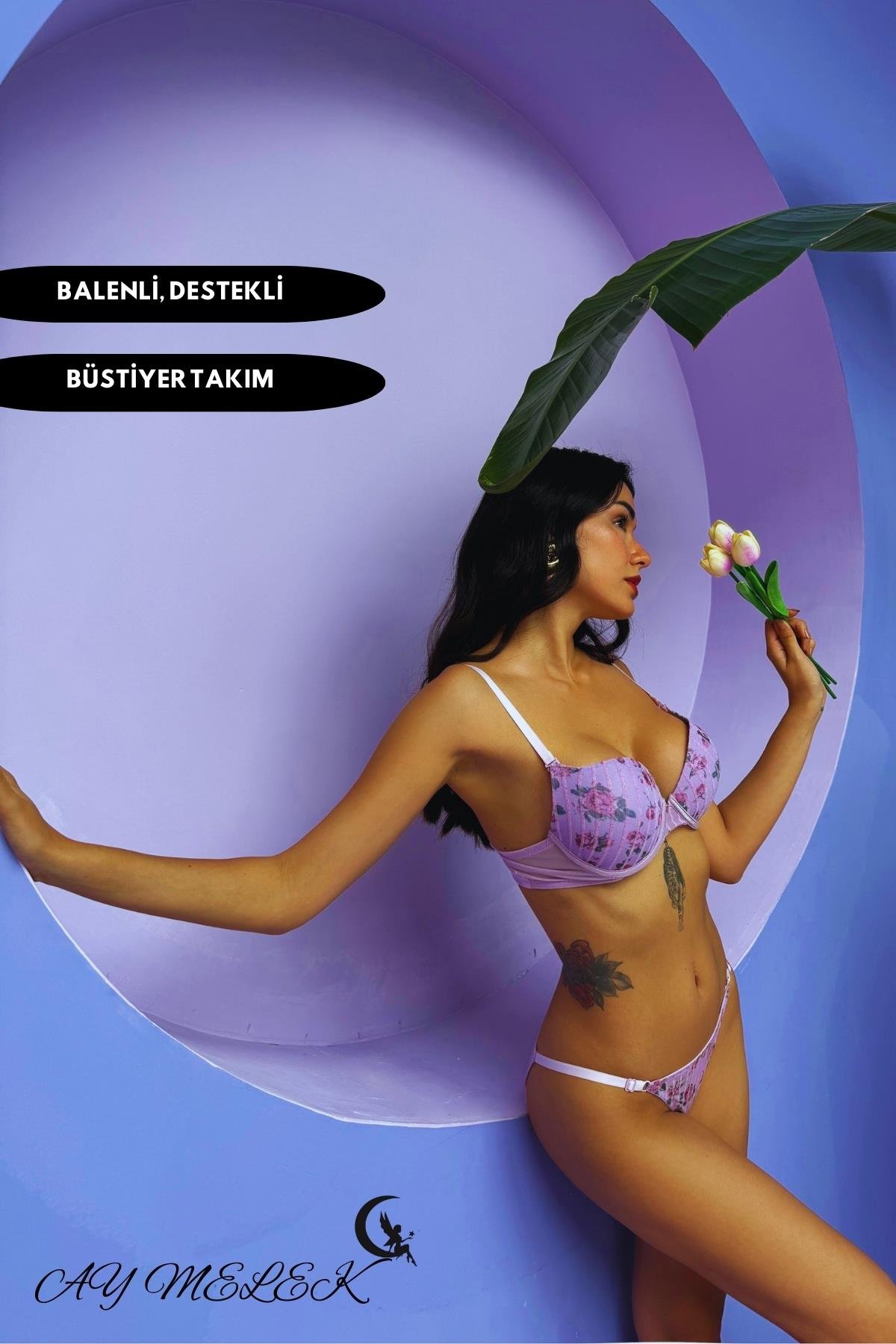  Destekli Simli Sütyen Takım B-Cap Balenli Çiçekli Tasarım