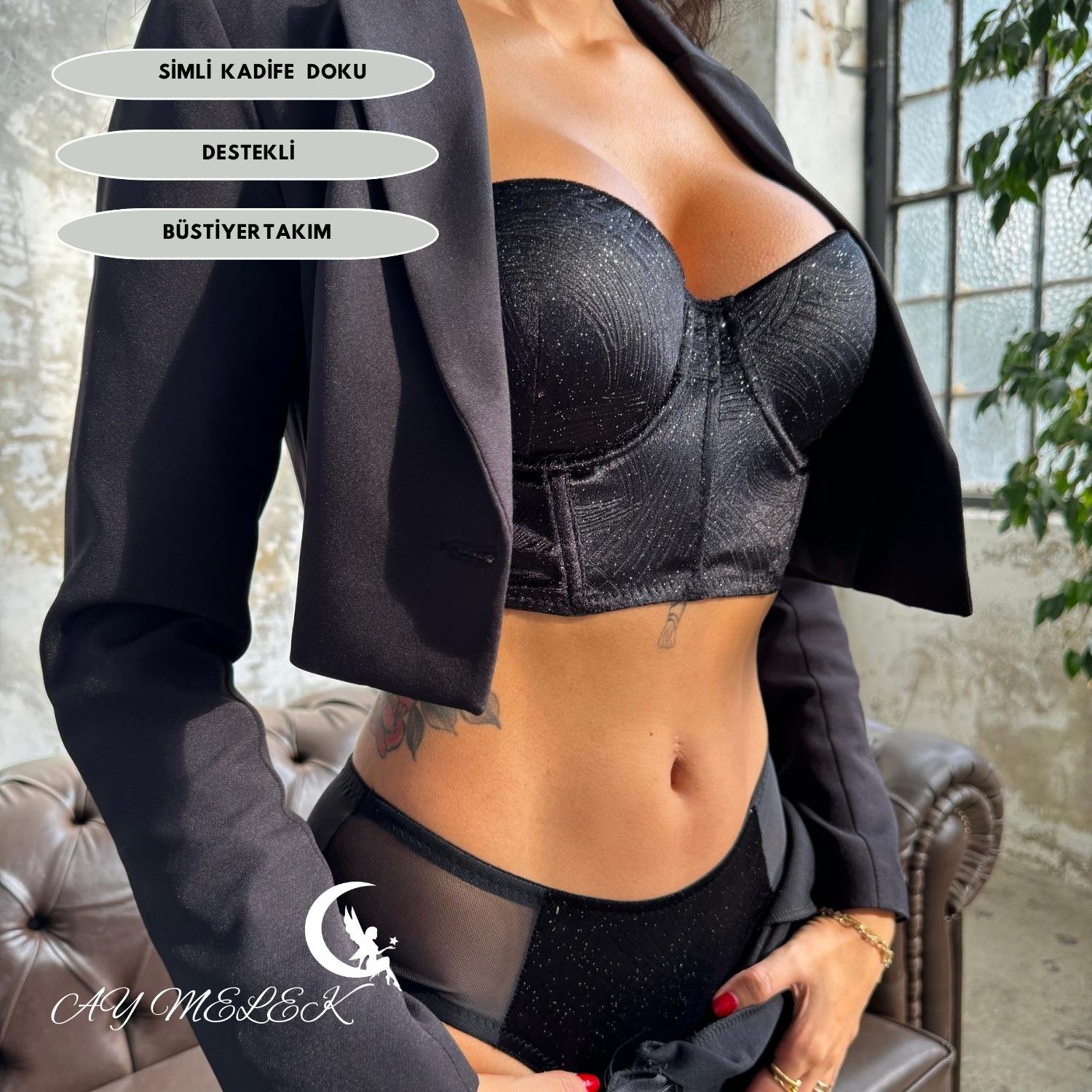  Eros Kadife Doku Simli Destekli Bustiyer Takım B-Cap Özel Tasarım Büstiyer