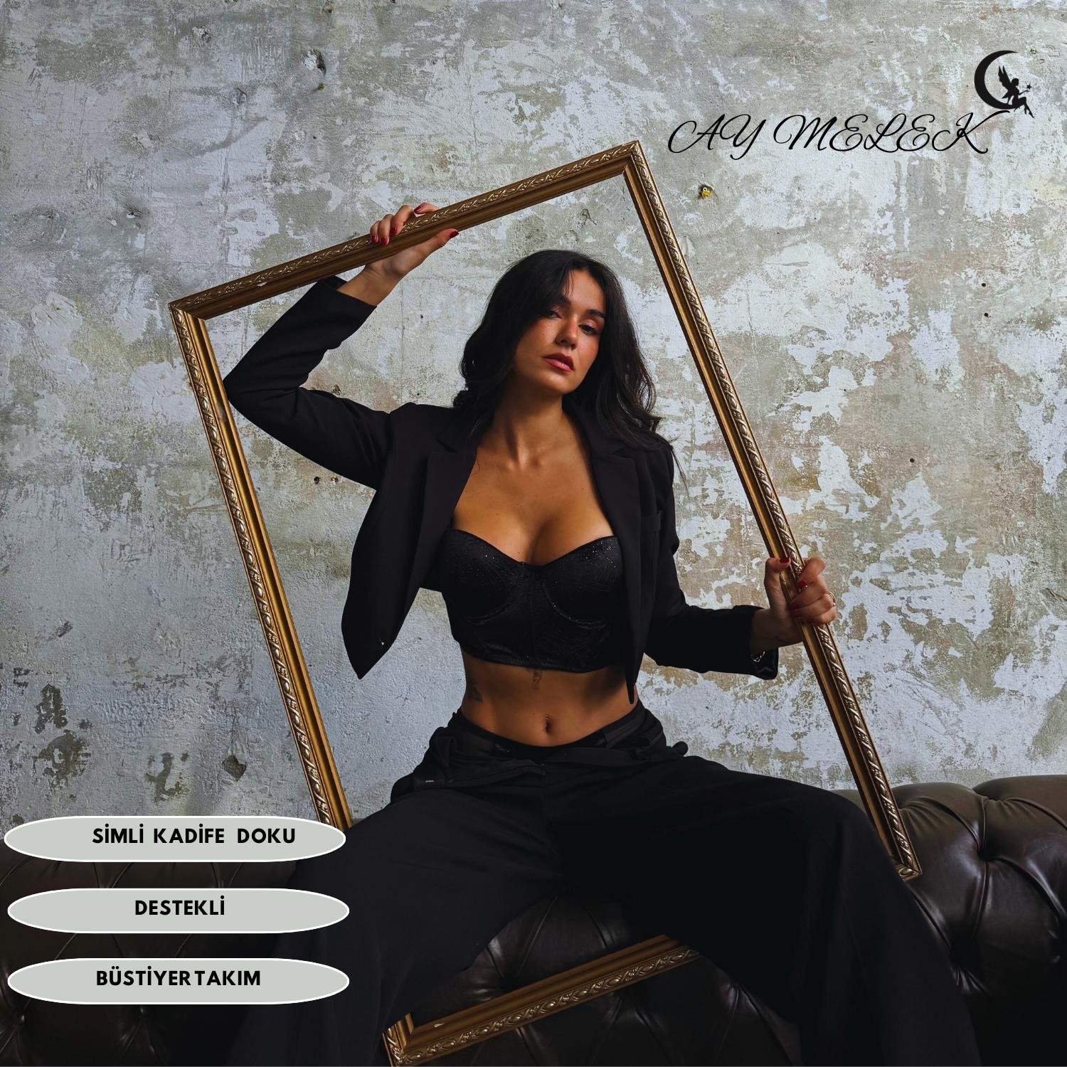  Eros Kadife Doku Simli Destekli Bustiyer Takım B-Cap Özel Tasarım Büstiyer