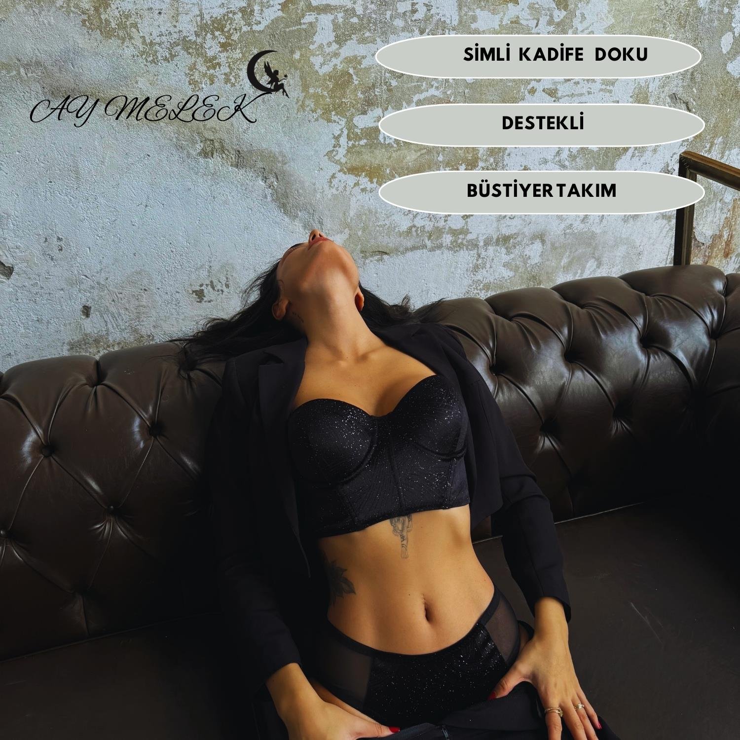  Eros Kadife Doku Simli Destekli Bustiyer Takım B-Cap Özel Tasarım Büstiyer