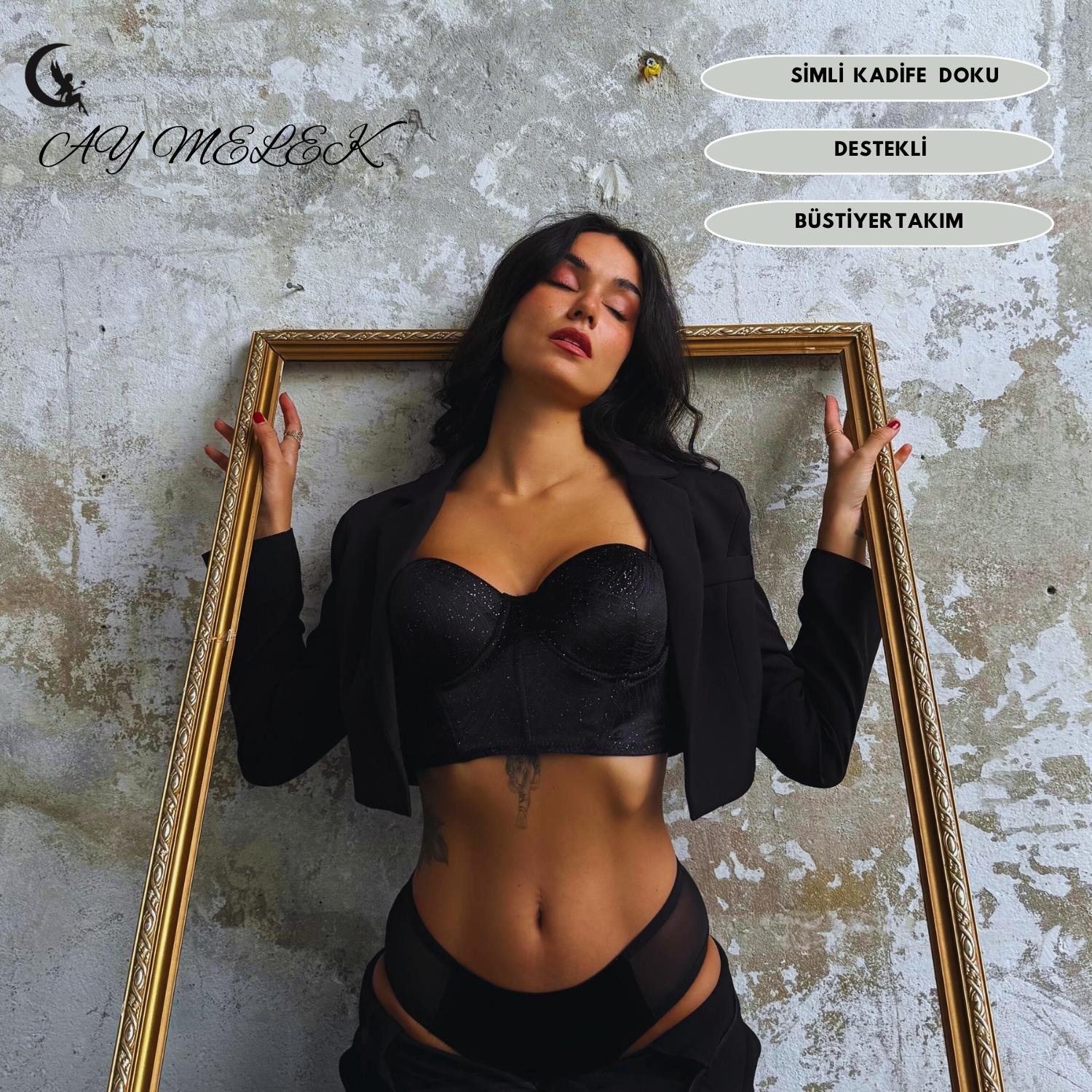  Eros Kadife Doku Simli Destekli Bustiyer Takım B-Cap Özel Tasarım Büstiyer