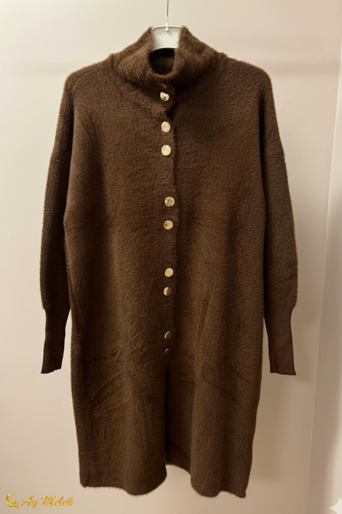  Kadın Angora Kazak Dik Taka Düğmeli Uzun Kazak