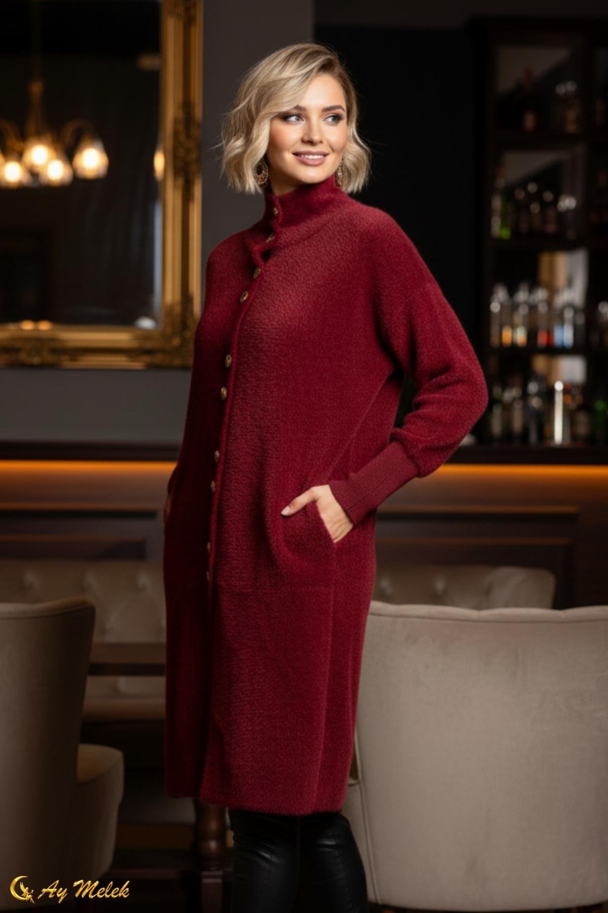  Kadın Angora Kazak Dik Taka Düğmeli Uzun Kazak