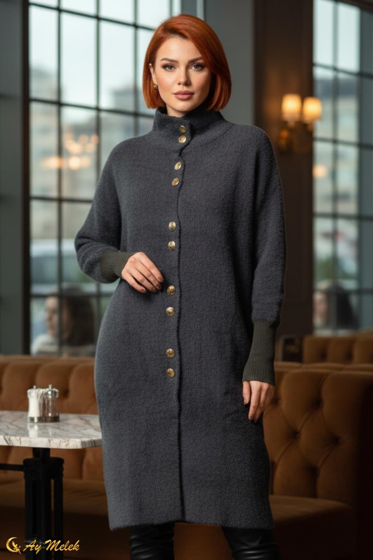  Kadın Angora Kazak Dik Taka Düğmeli Uzun Kazak