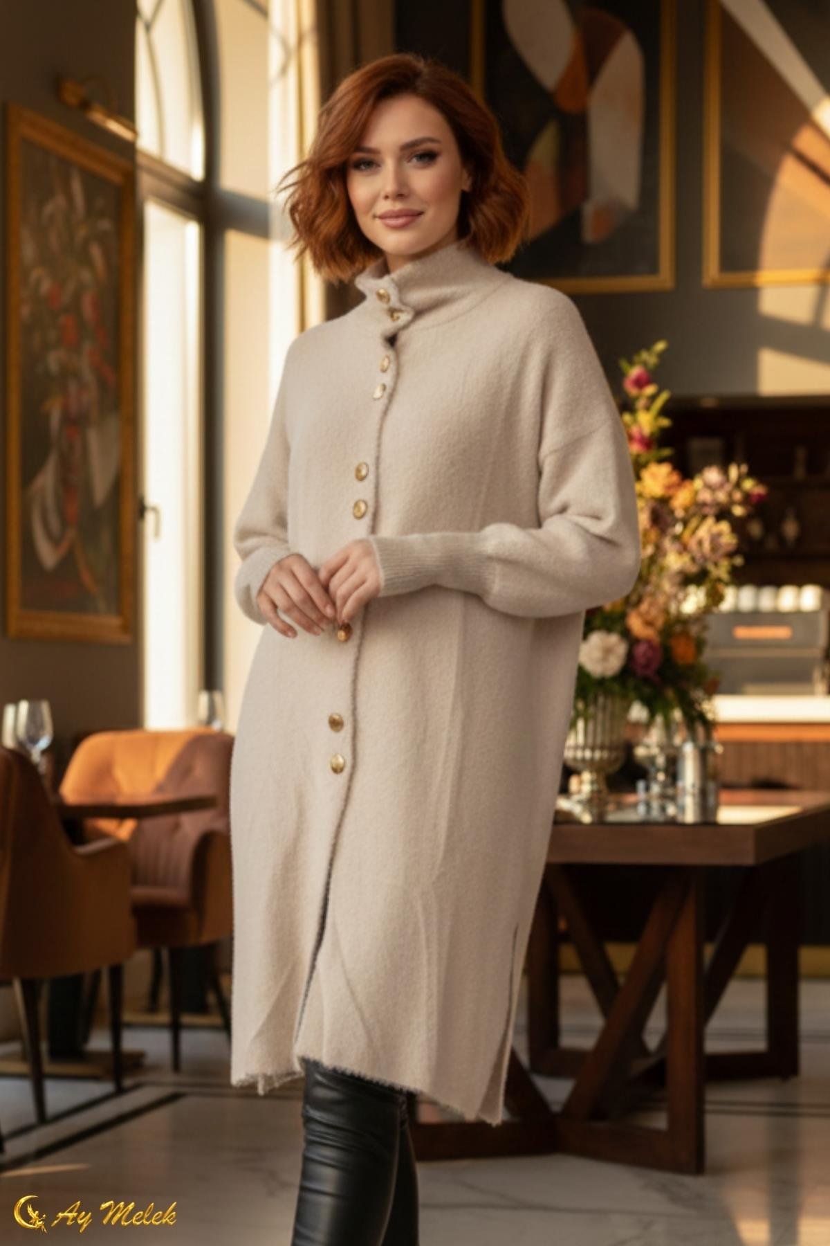  Kadın Angora Kazak Dik Taka Düğmeli Uzun Kazak