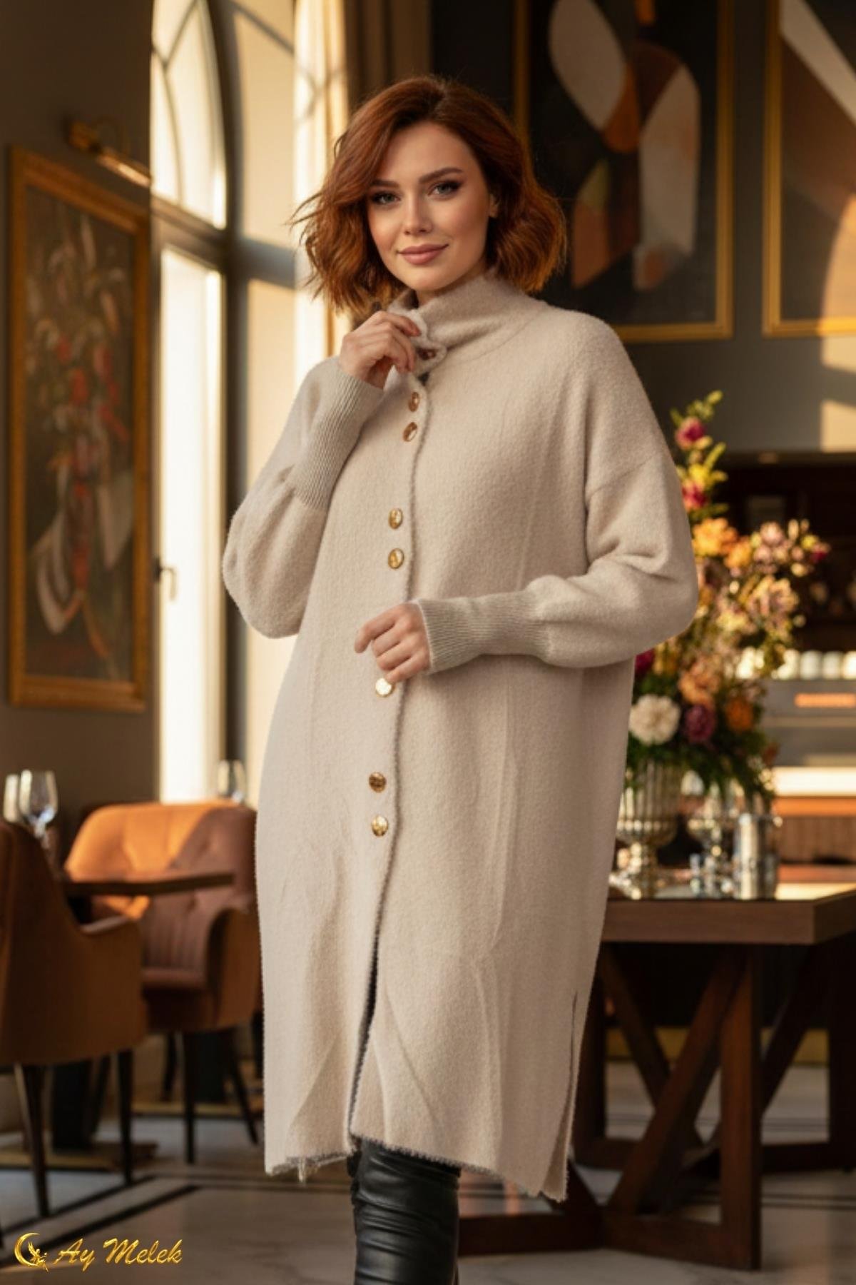  Kadın Angora Kazak Dik Taka Düğmeli Uzun Kazak