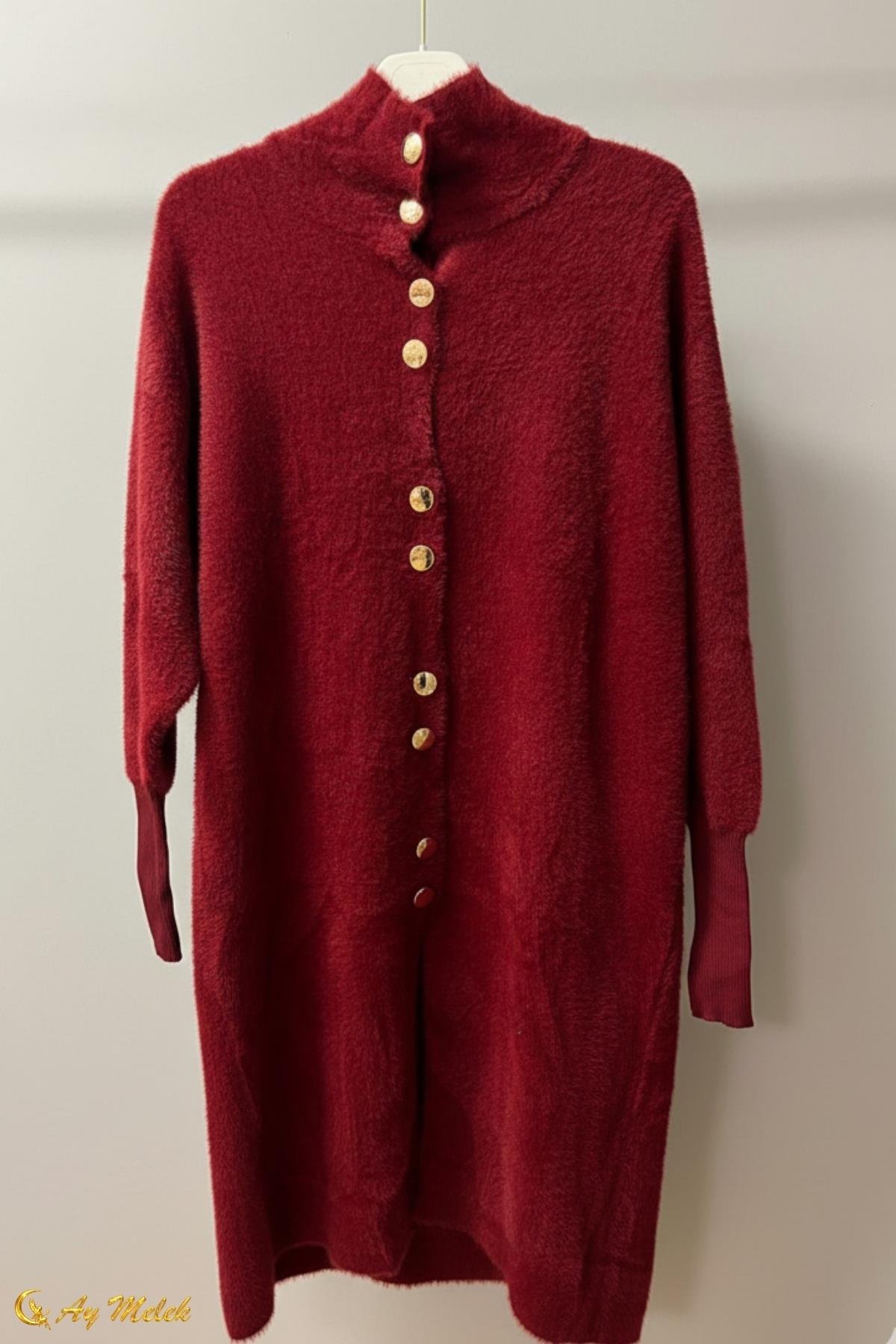  Kadın Angora Kazak Dik Taka Düğmeli Uzun Kazak