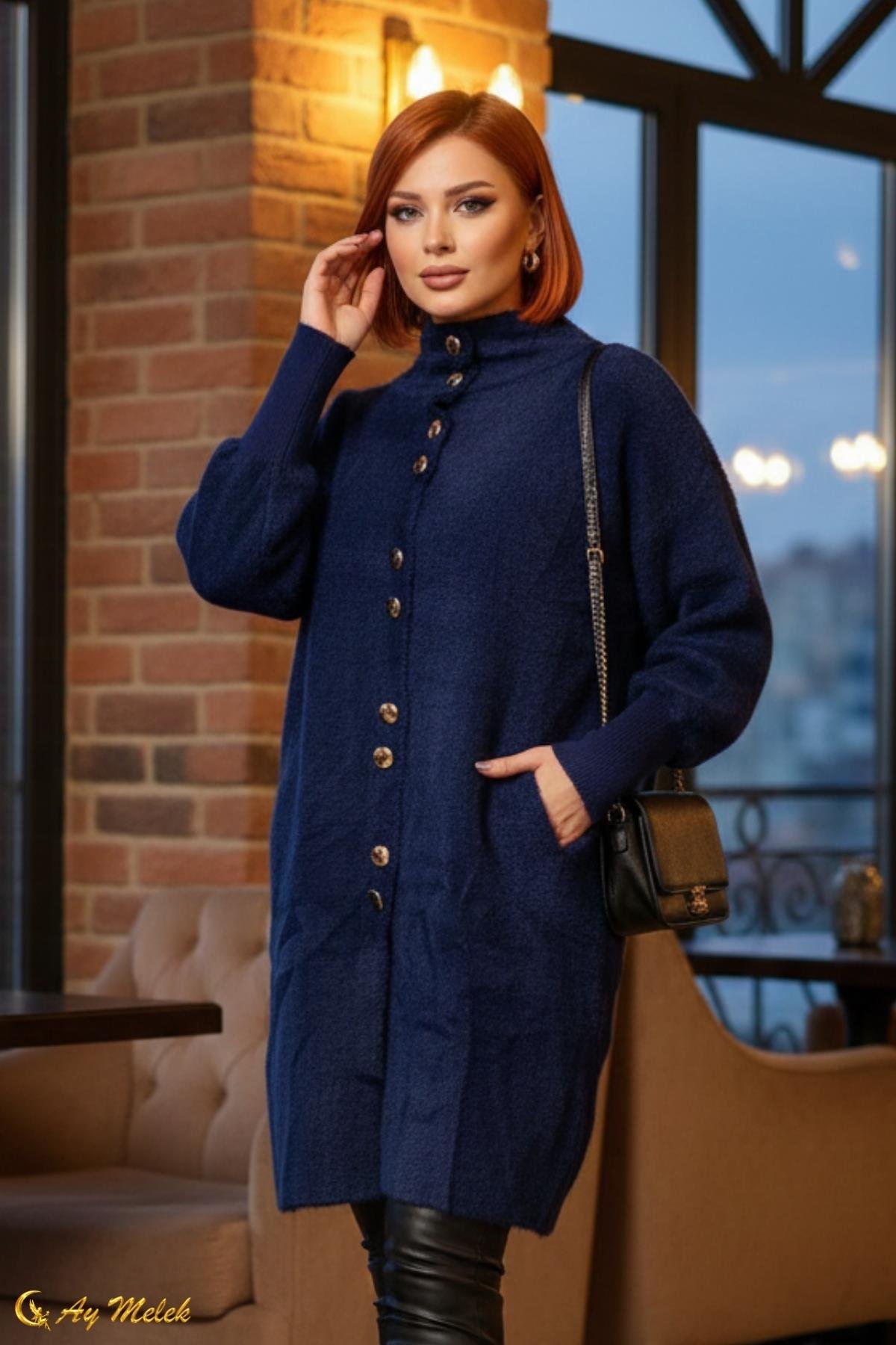  Kadın Angora Kazak Dik Taka Düğmeli Uzun Kazak