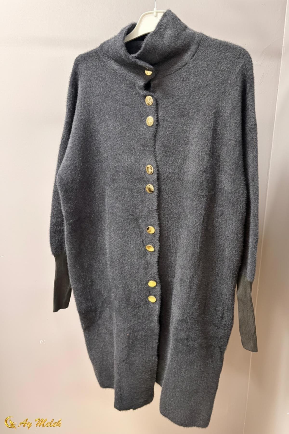  Kadın Angora Kazak Dik Taka Düğmeli Uzun Kazak