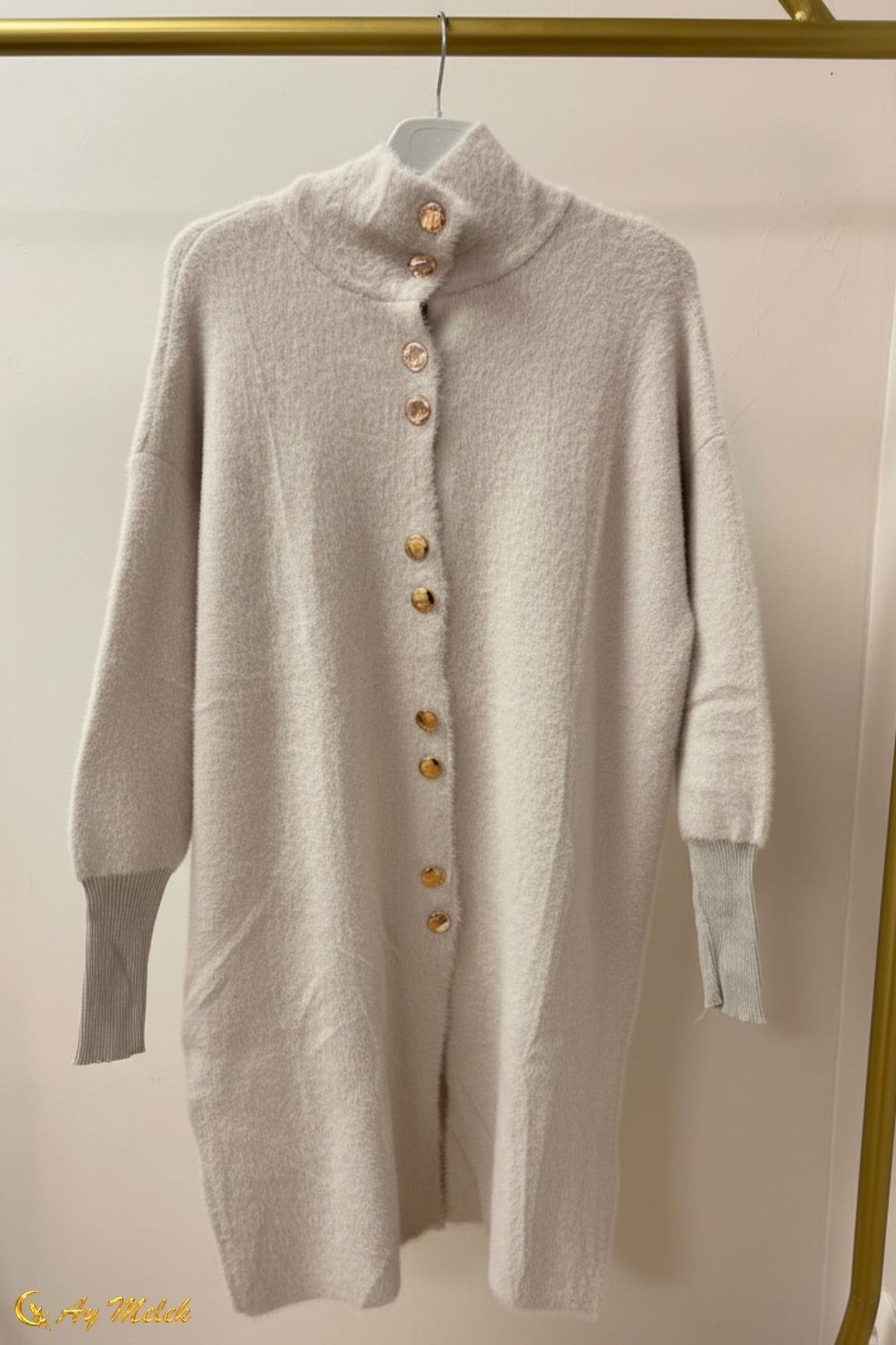  Kadın Angora Kazak Dik Taka Düğmeli Uzun Kazak