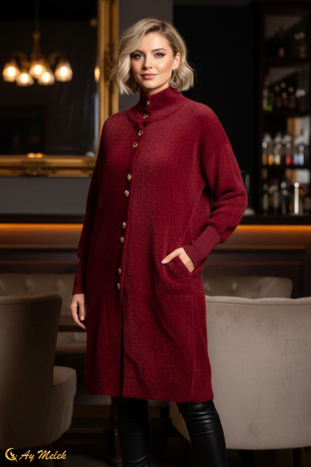  Kadın Angora Kazak Dik Taka Düğmeli Uzun Kazak