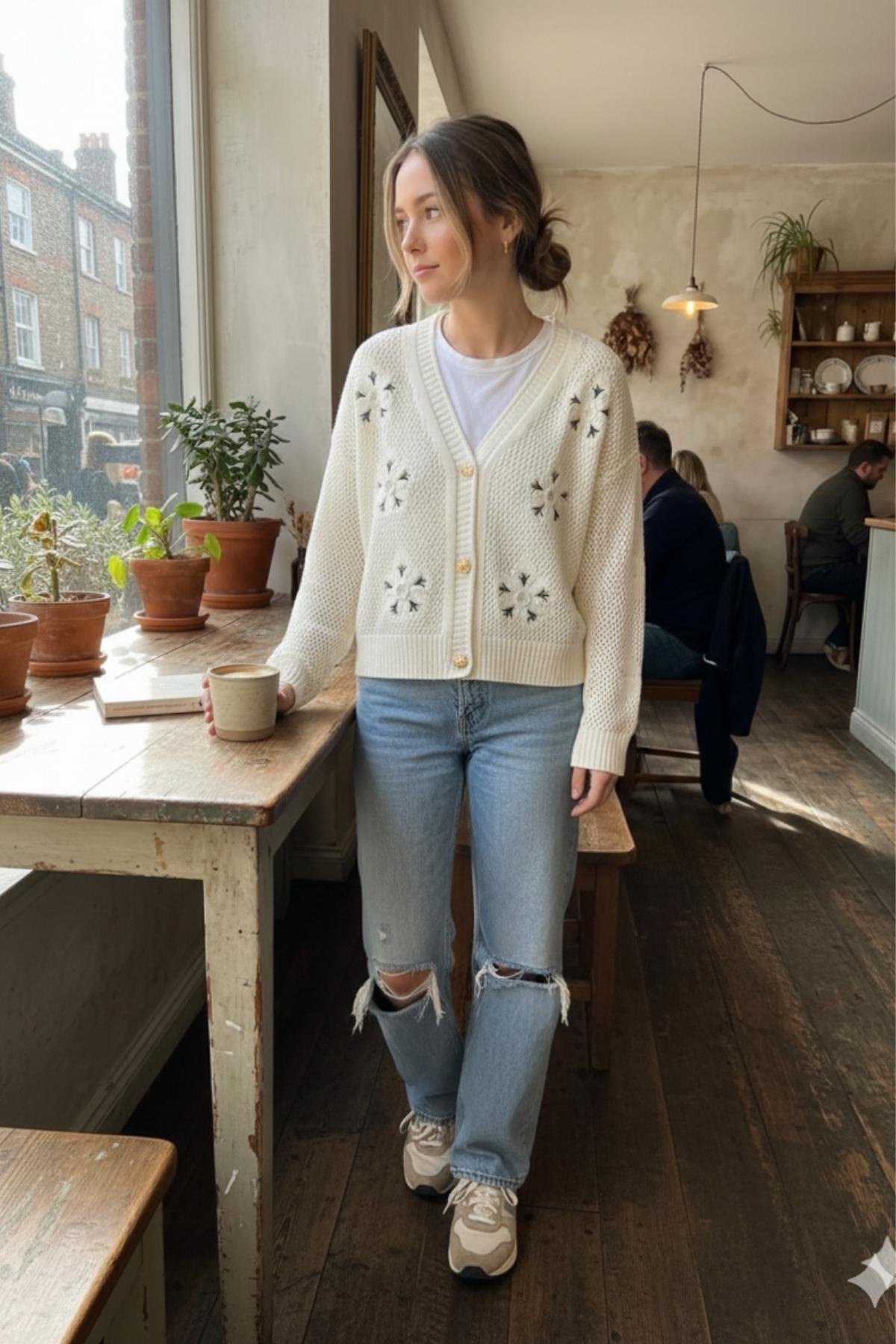  Kadın Çiçek İşlemeli V Yaka Dokulu Triko Hırka