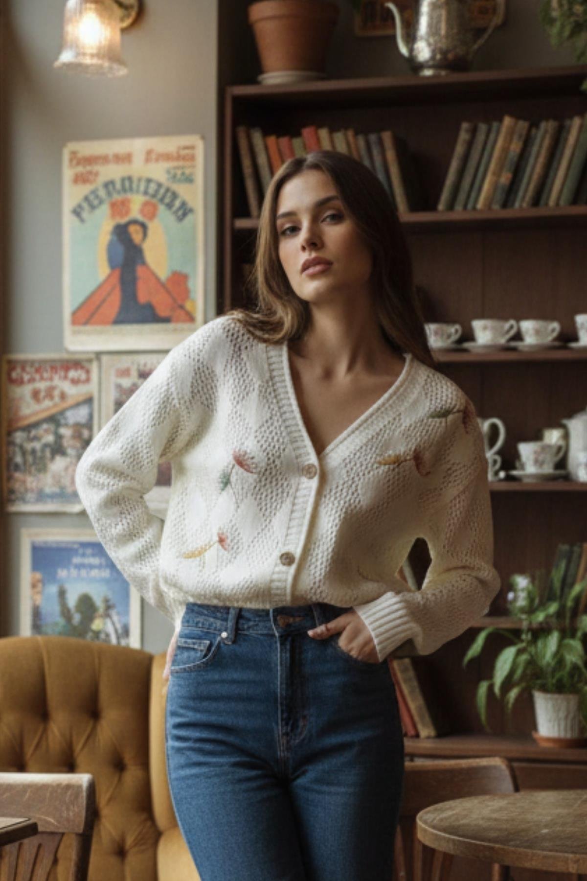  Kadın Çiçek İşlemeli V Yaka Dokulu Triko Hırka