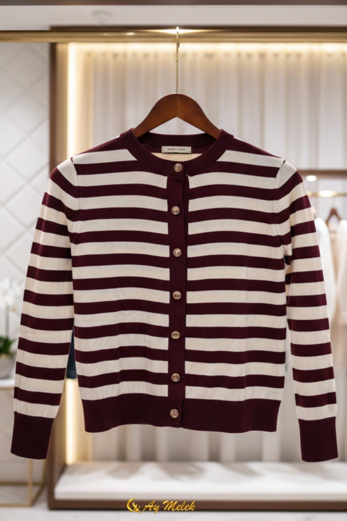  Kadın Çizgili Triko Hırka Düğmeli Bisiklet Yaka Kısa Yumuşak Dokulu Hırka