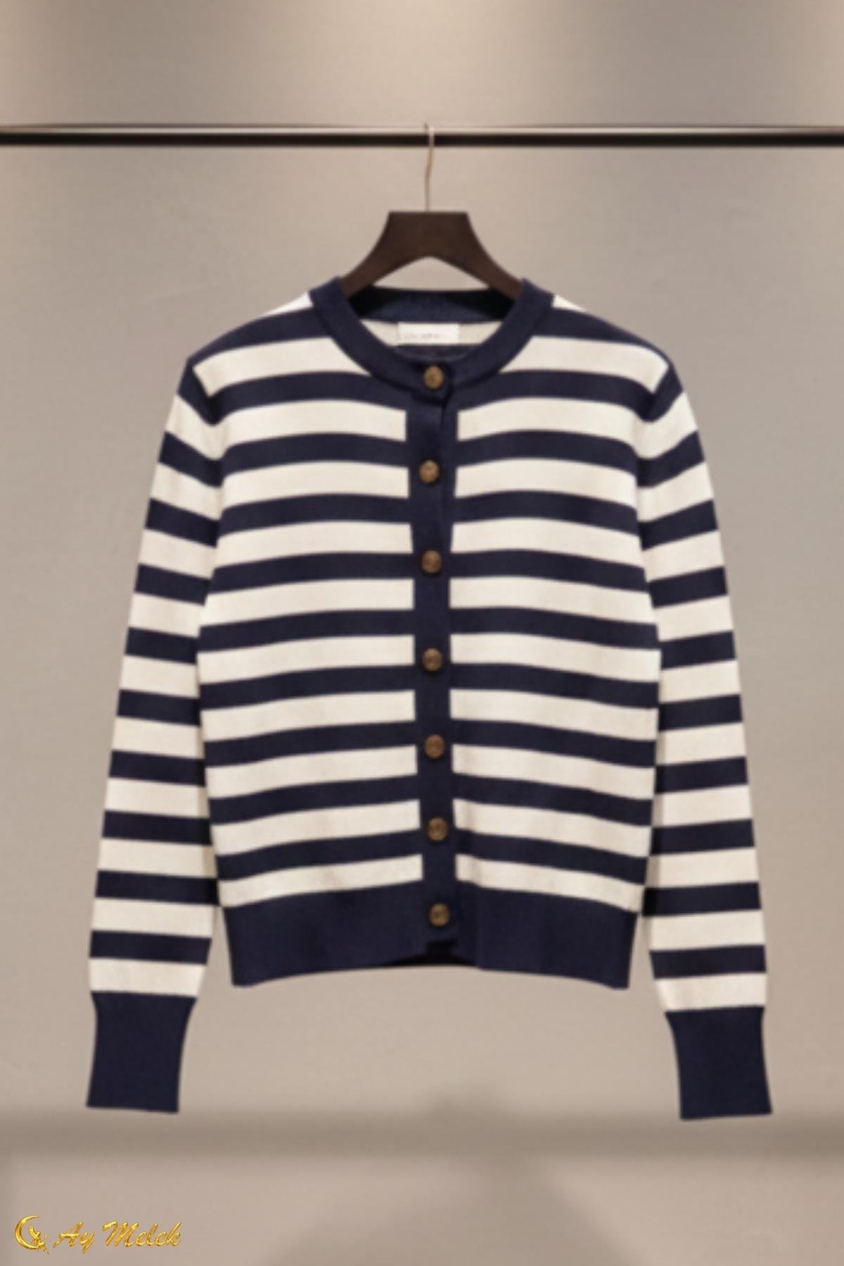  Kadın Çizgili Triko Hırka Düğmeli Bisiklet Yaka Kısa Yumuşak Dokulu Hırka