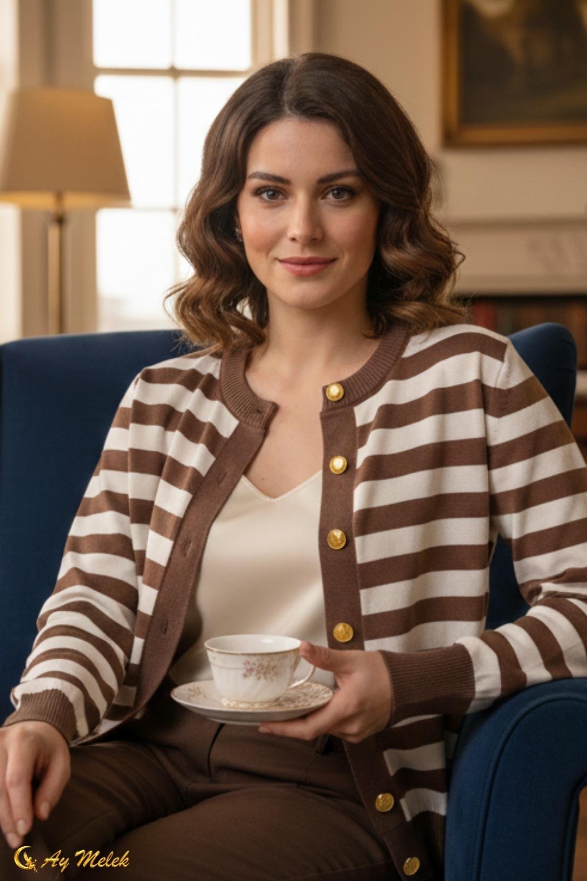  Kadın Çizgili Triko Hırka Düğmeli Bisiklet Yaka Kısa Yumuşak Dokulu Hırka