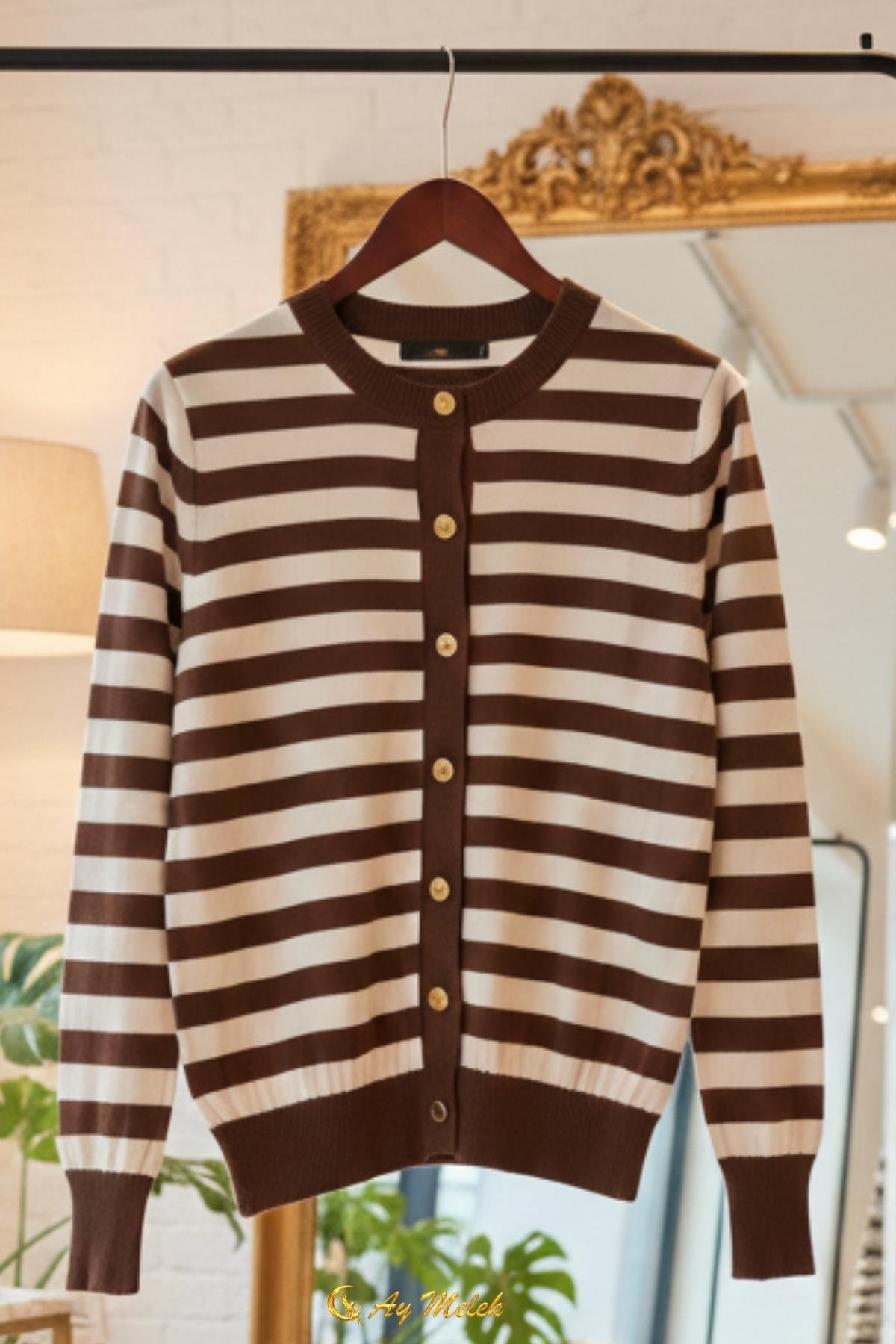  Kadın Çizgili Triko Hırka Düğmeli Bisiklet Yaka Kısa Yumuşak Dokulu Hırka