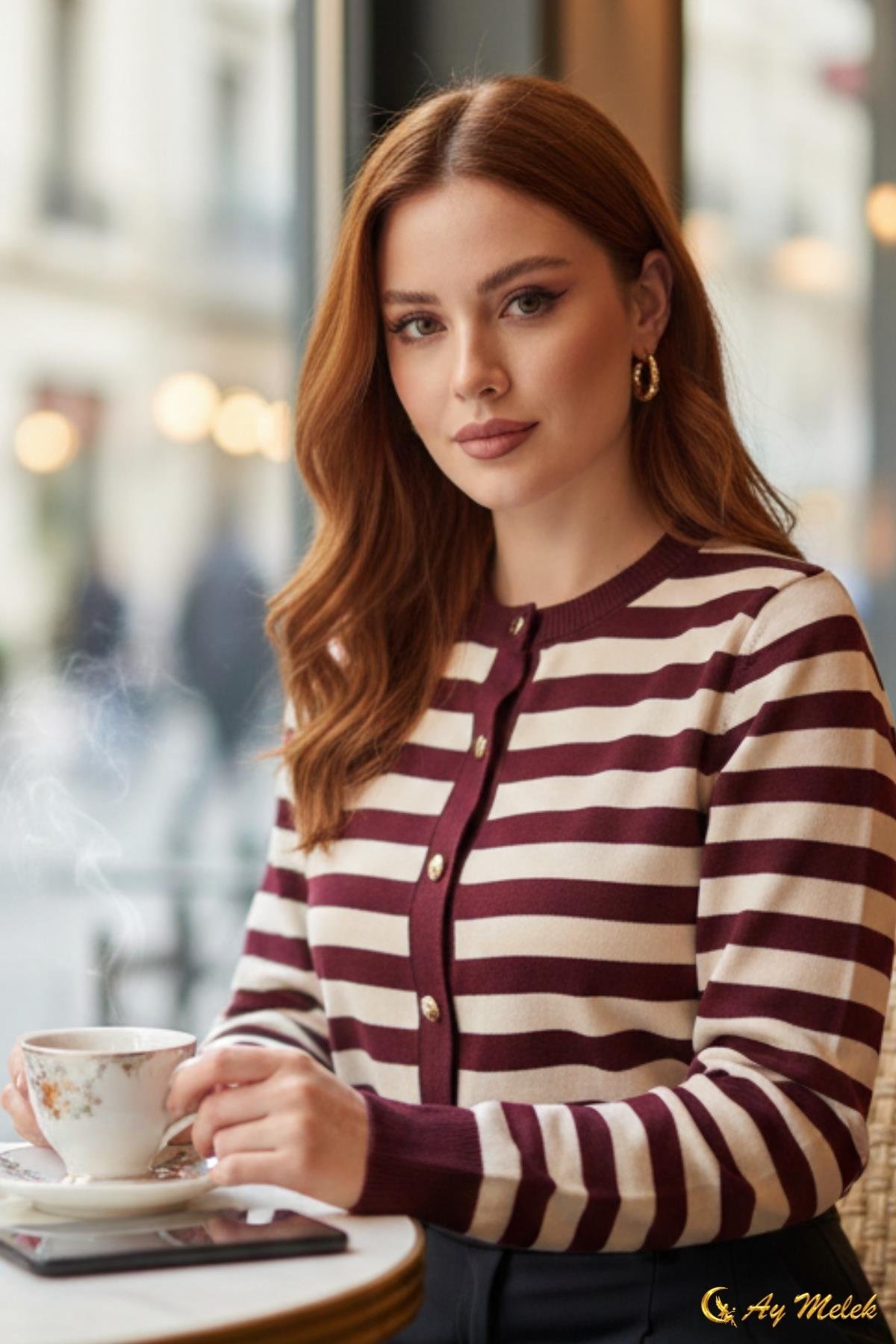  Kadın Çizgili Triko Hırka Düğmeli Bisiklet Yaka Kısa Yumuşak Dokulu Hırka