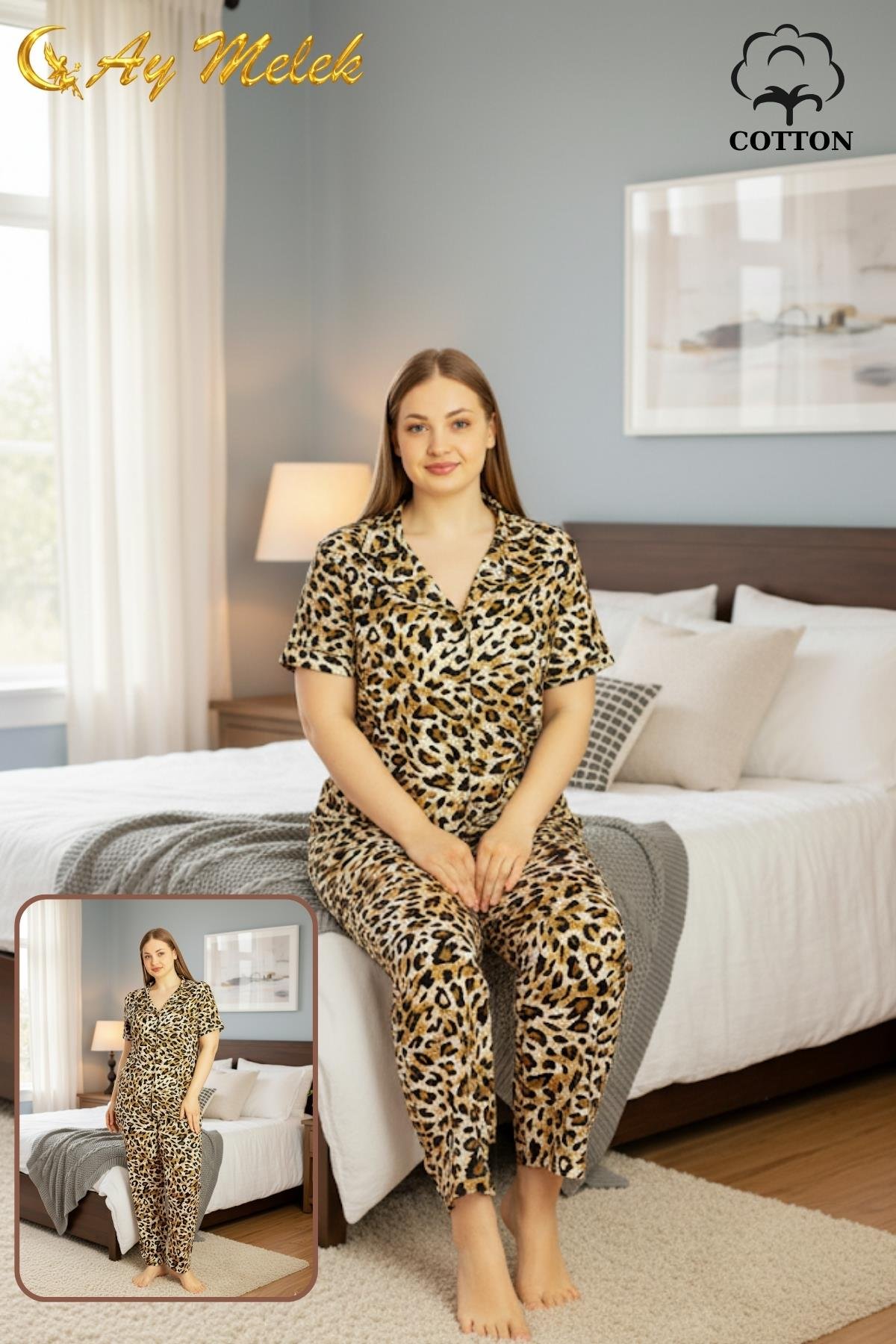  Kadın Pijama Takımı Pamuklu Geniş Beden Gömlek ve Pijama Seti (Battal Boy)11