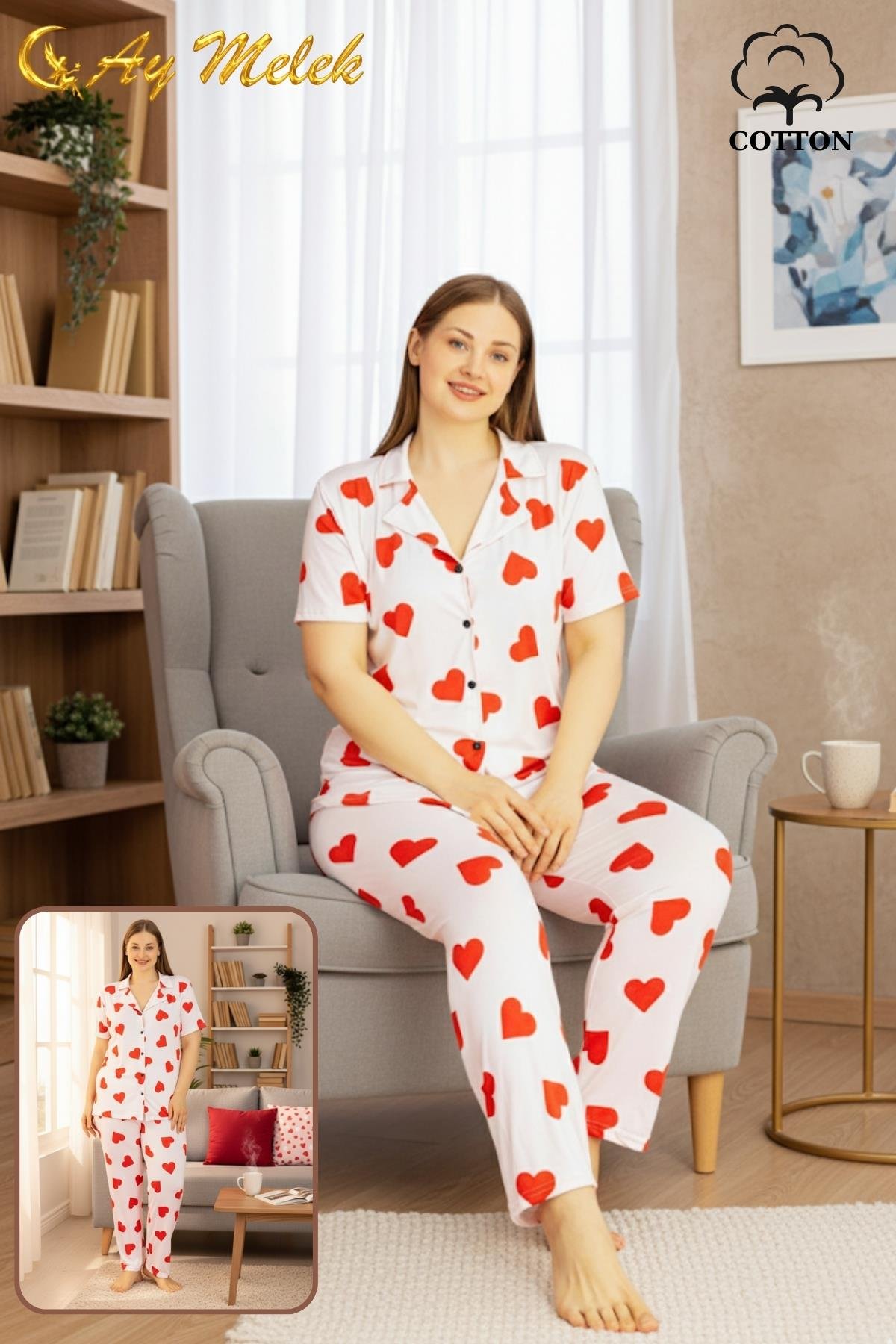  Kadın Pijama Takımı Pamuklu Geniş Beden Gömlek ve Pijama Seti (Battal Boy)1