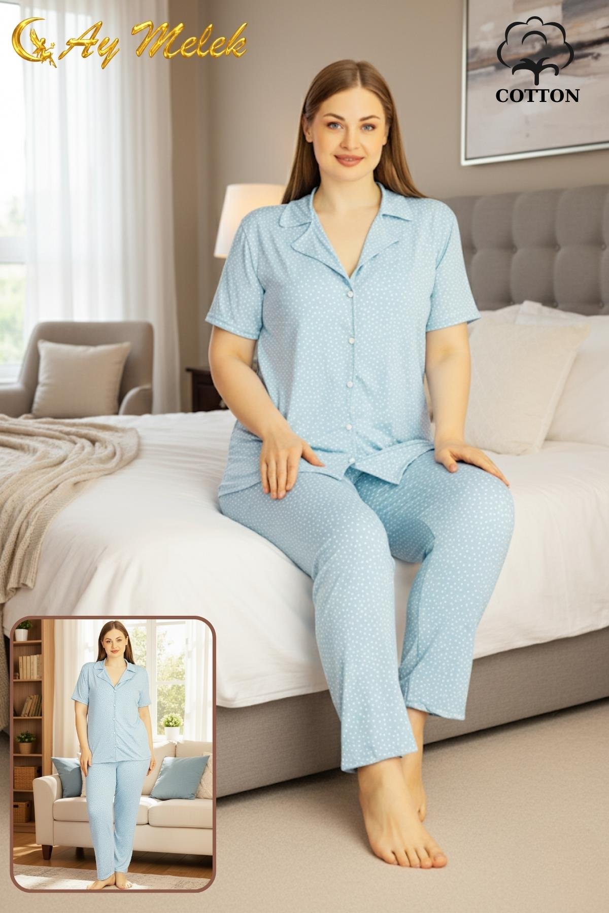  Kadın Pijama Takımı Pamuklu Geniş Beden Gömlek ve Pijama Seti (Battal Boy)11