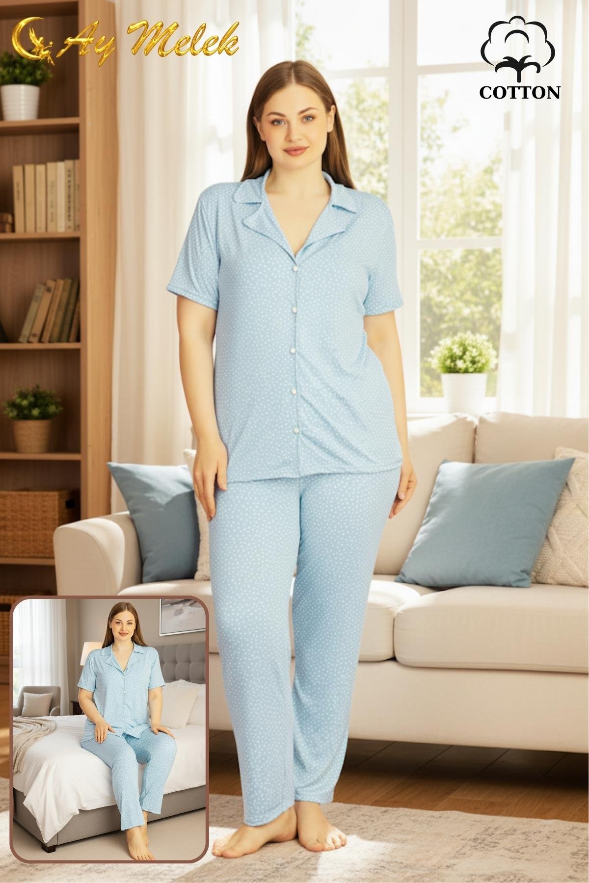  Kadın Pijama Takımı Pamuklu Geniş Beden Gömlek ve Pijama Seti (Battal Boy)11